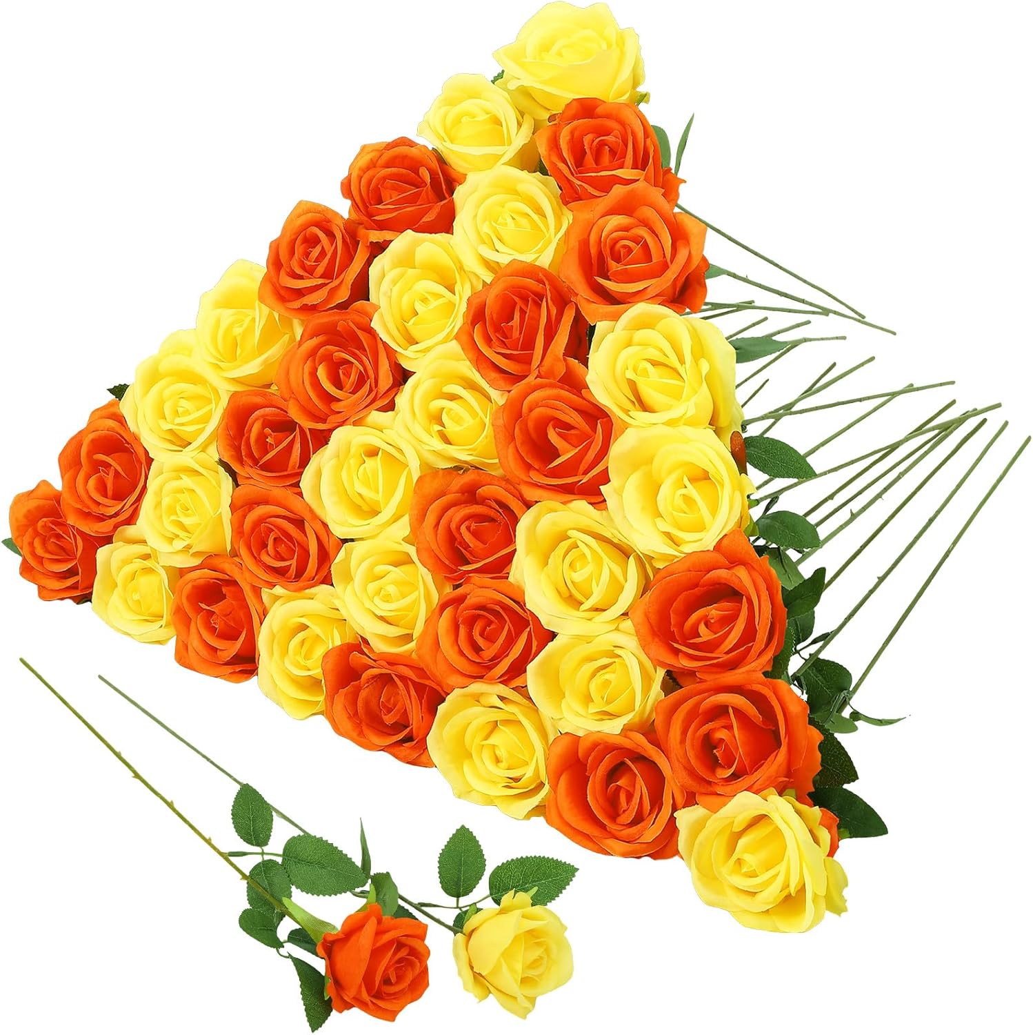 36 Pcs Yellow, Orange Artificial Roses with Long Stems, Purple Fake Silk Rose Artificial Flowers Bulk for Bridal Wedding Bouquet Centerpiece Ball Arrangement Party Decor