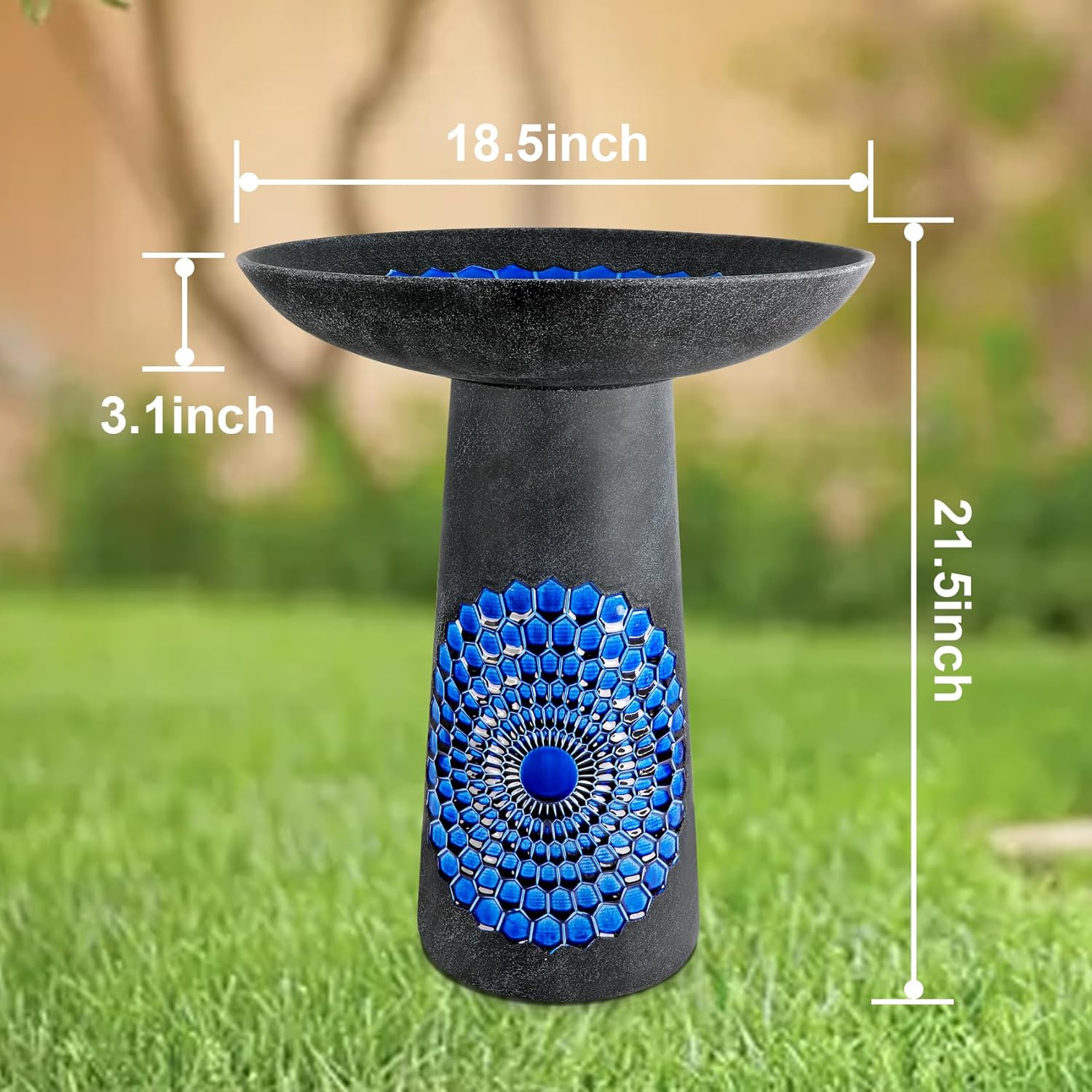 21.5'' Tall Ceramic Bird Bath for Outdoor, Heavy Duty - Cold-Weather Resistant Bird Bath, Garden and Patio Décor - Diamond Blue