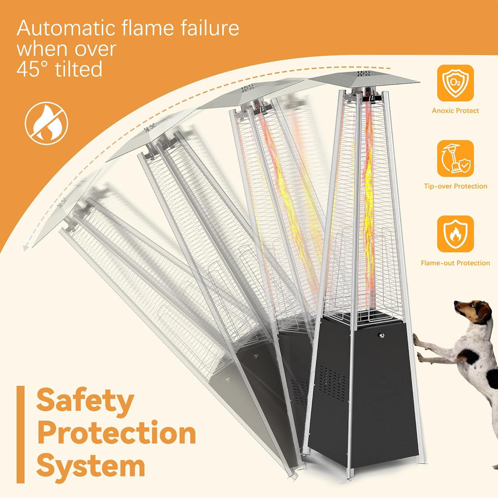 FOOWIN Patio Heater,48,000 BTU Outdoor Patio Heater with Wheels,Propane Patio Heater w/Waterproof Cover & Gloves,Quartz Glass Tube Pyramid Patio Heater for Outdoor Use,Party,Backyard,Garden,Black