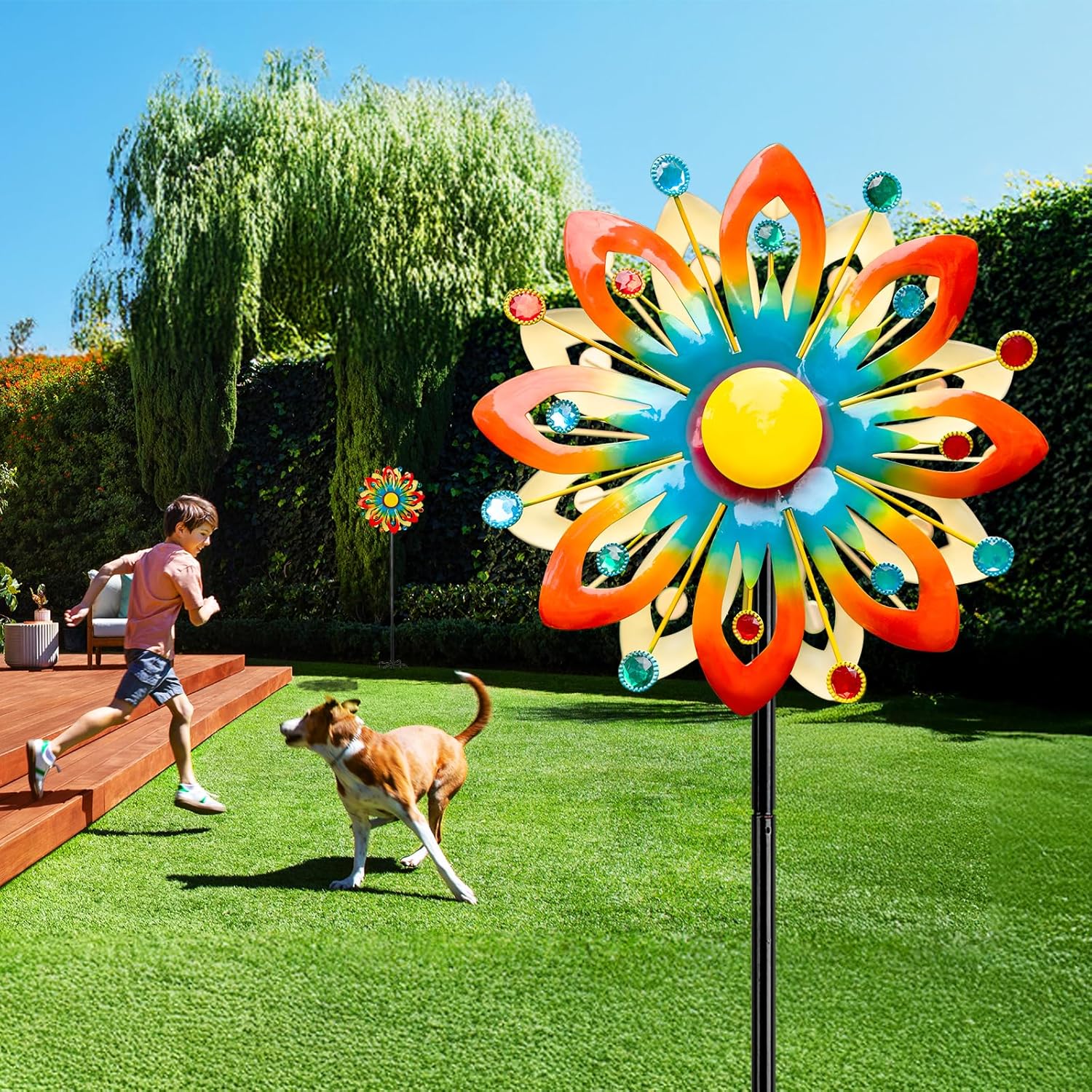 Soalr Wind Spinners -60.63 Inch Outdoor Metal Stake Yard Wind Sculptures, Solar Powered Multi-Color LED Glass Ball with Kinetic Wind Spinner Windmills for Outdoor Lawn & Garden Decoration
