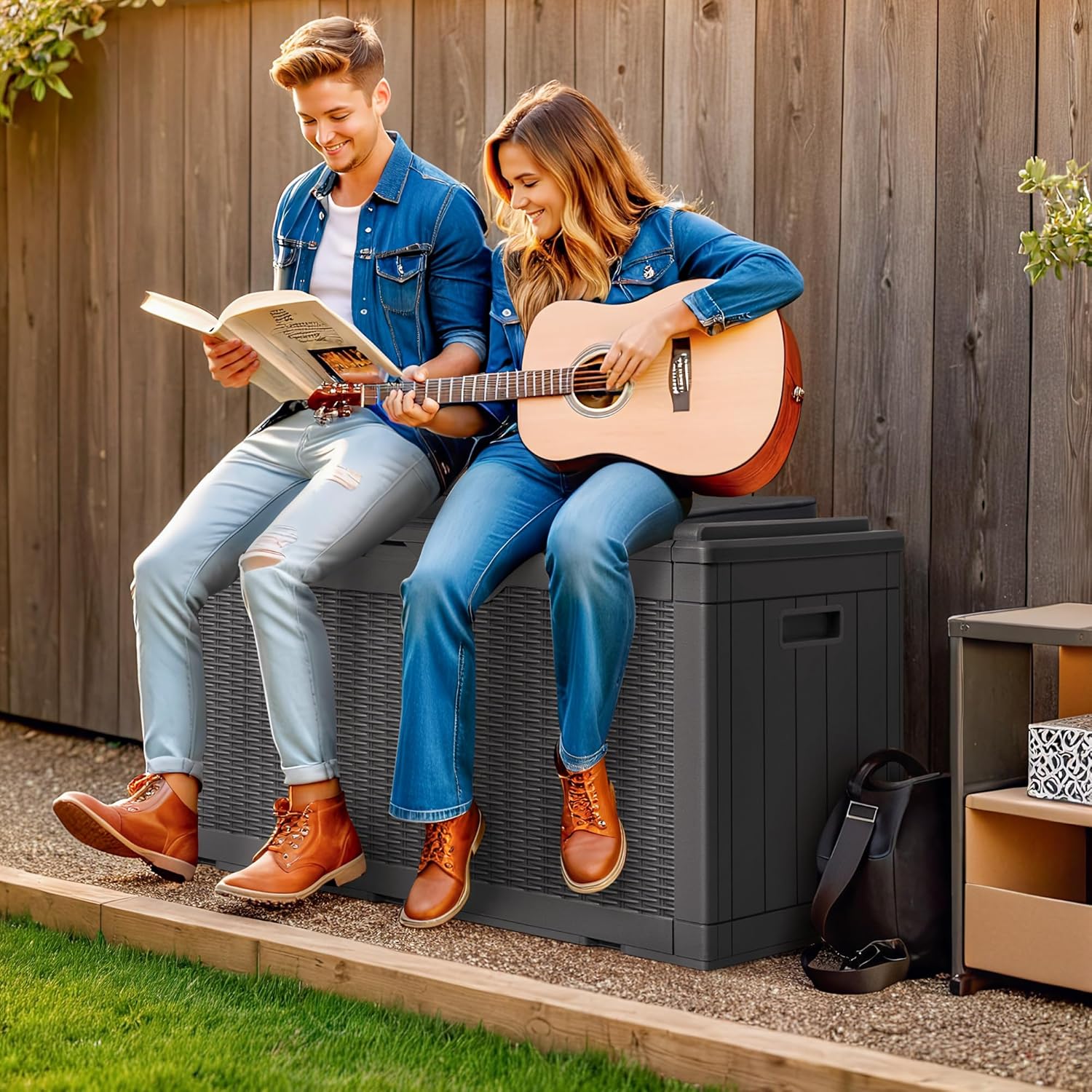 Greesum 100 Gallon Resin Deck Box Large Outdoor Storage with Cushions for Patio Furniture, Garden Tools, Pool Supplies, Weatherproof and UV Resistant, Lockable,Gray