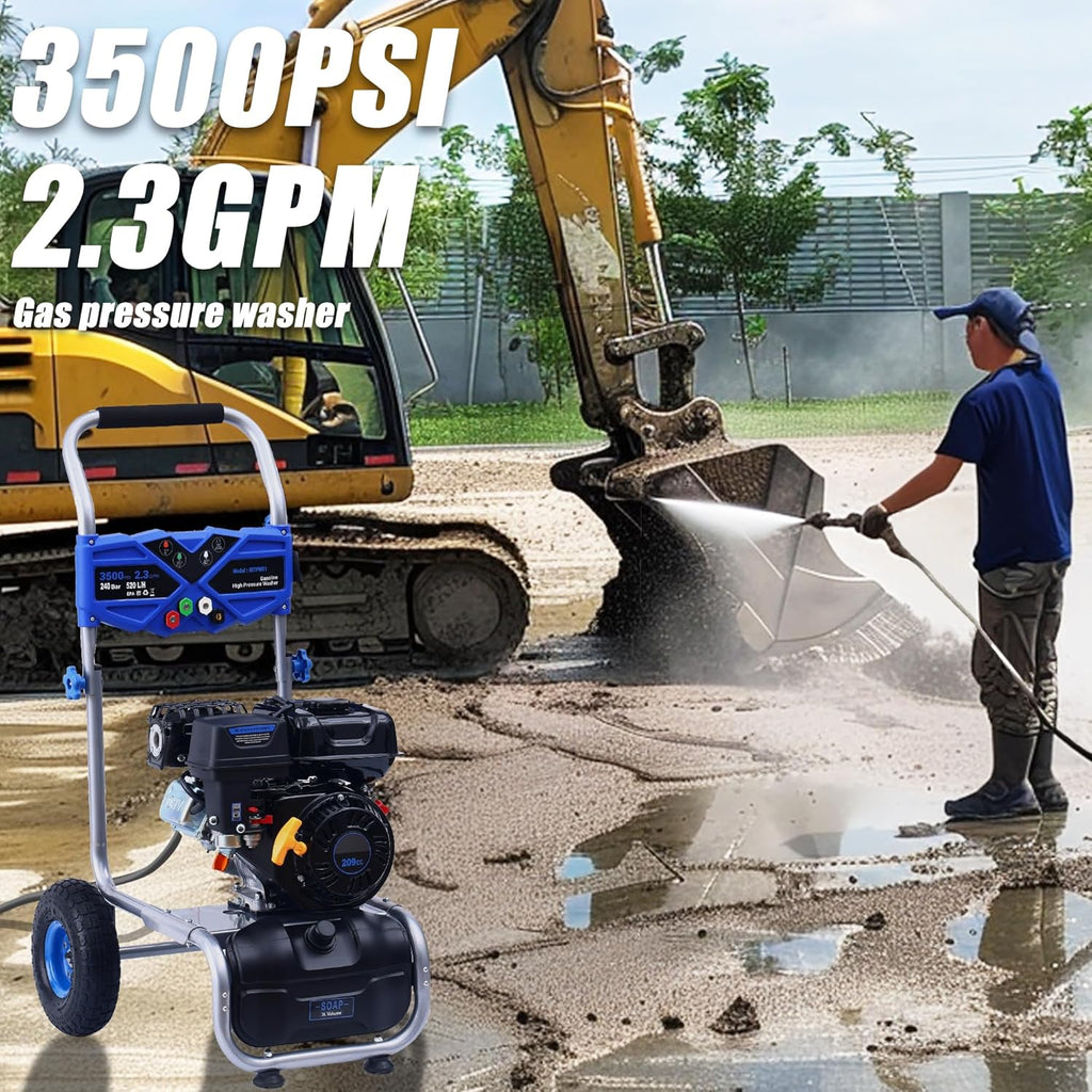 3500 PSI Gas Pressure Washer, 2.3 GPM Power Washer with 209CC Engine, Maintenance-Free Axial Cam Pump, 25FT Hose, 4 Nozzles for Driveways, Walls, Vehicles, Patio (Blue)