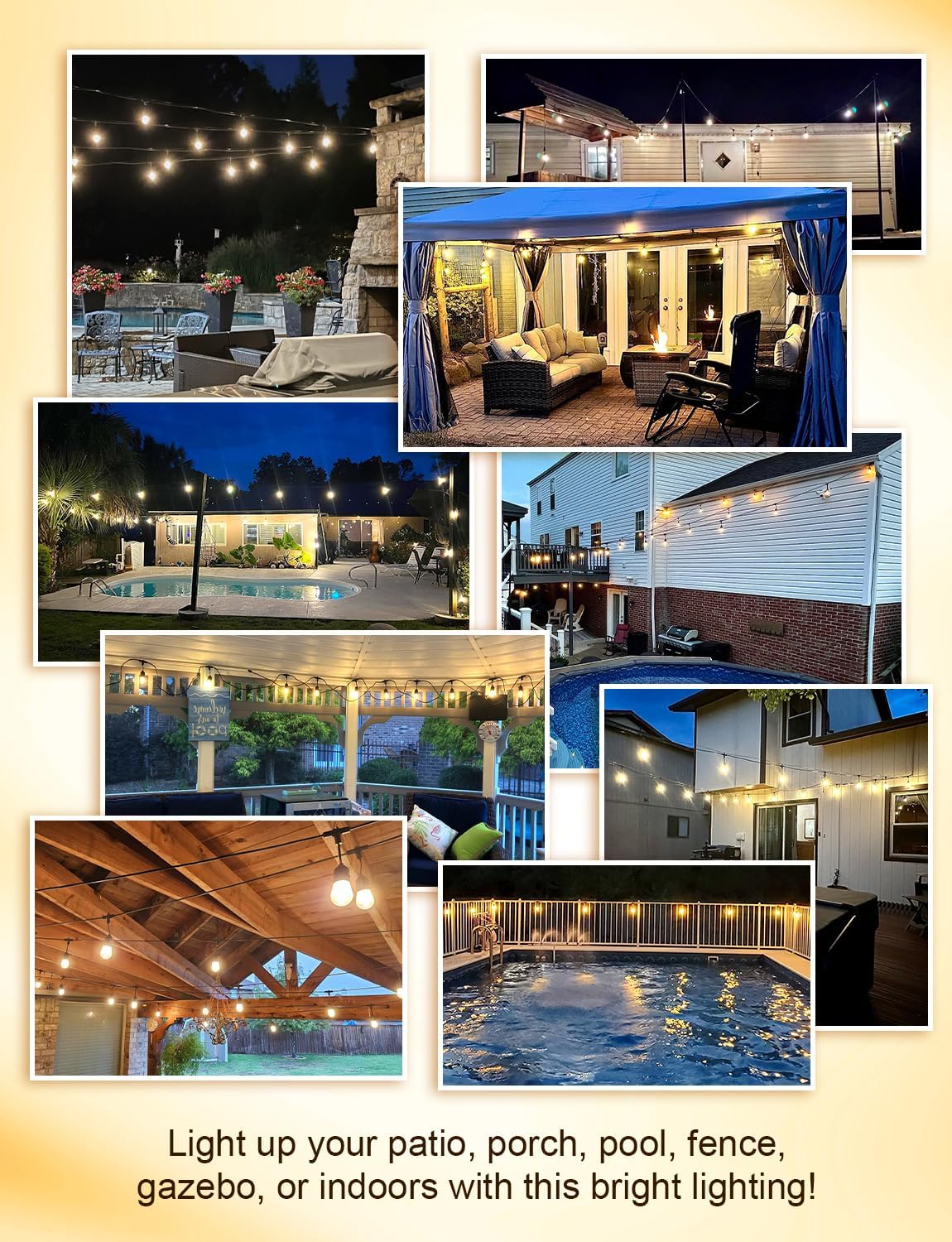 XMCOSY+ 48FT Outdoor String Lights Waterproof - LED Patio Hanging Lights for Outside Porch Backyard Gazebo Garden, Commercial Grade 16 Edison Bulbs