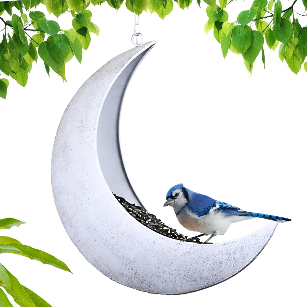 Hanging Moon Bird Feeder – Unique Metal Bird Feeders for Outdoors, Rustic White, Rust-Resistant, Drain Holes – Wild Bird Feeder for Bluebirds, Cardinals, Finches, and Backyard Birdwatching