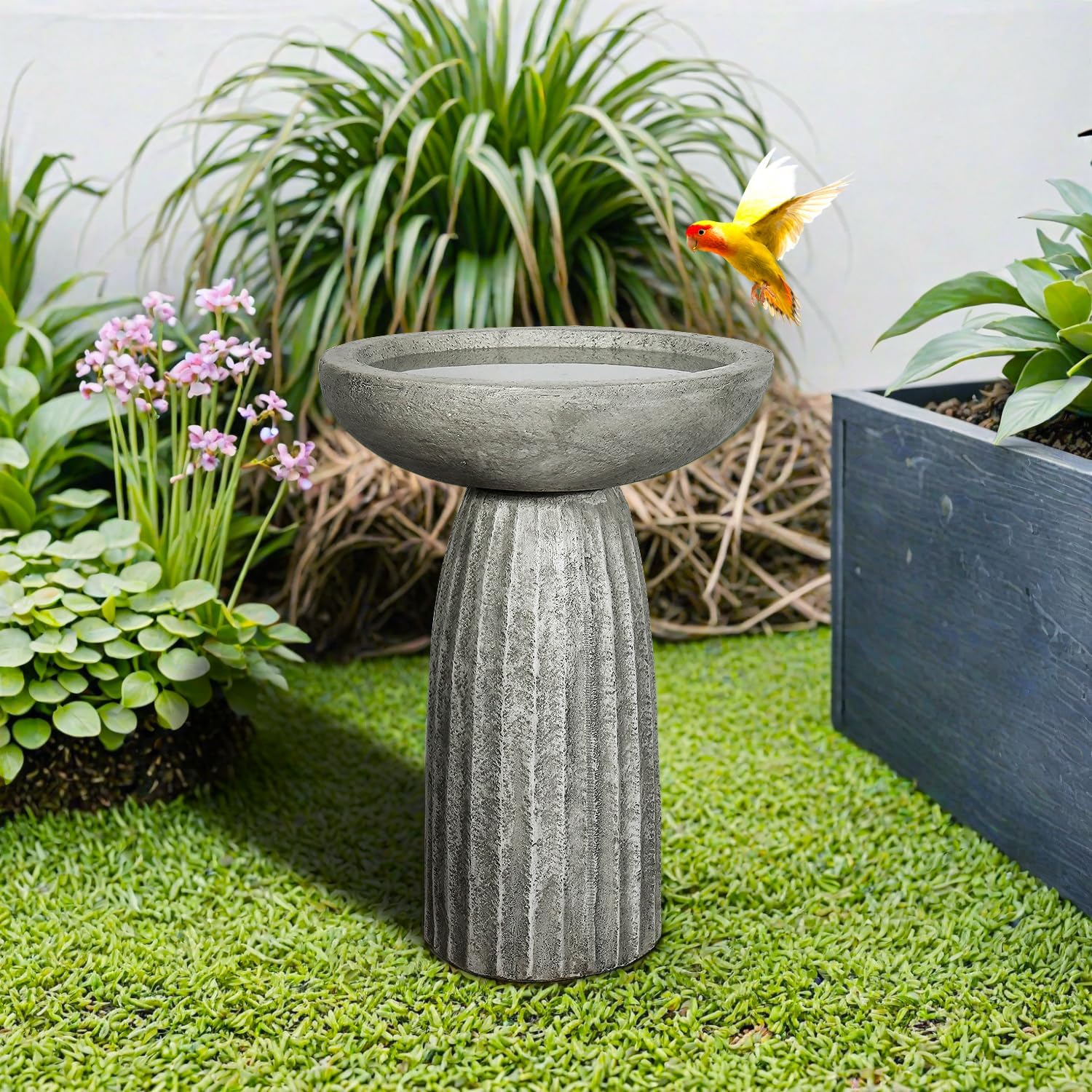 SunJet Modern Bird Bath, 24.4inches Height Fibre-Reinforced Concrete Birdbath with Textured Pedestal for Outdoor Garden, Yard, Lawn Decor