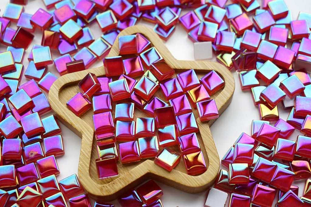 0.66lbs Ruby Red Iridescent Mosaic Tiles, 3/8" Square Glass Pieces With Smooth Edges, Ideal for Making Supplies, Small Colored Glass Tiles for DIY Coaster Projects