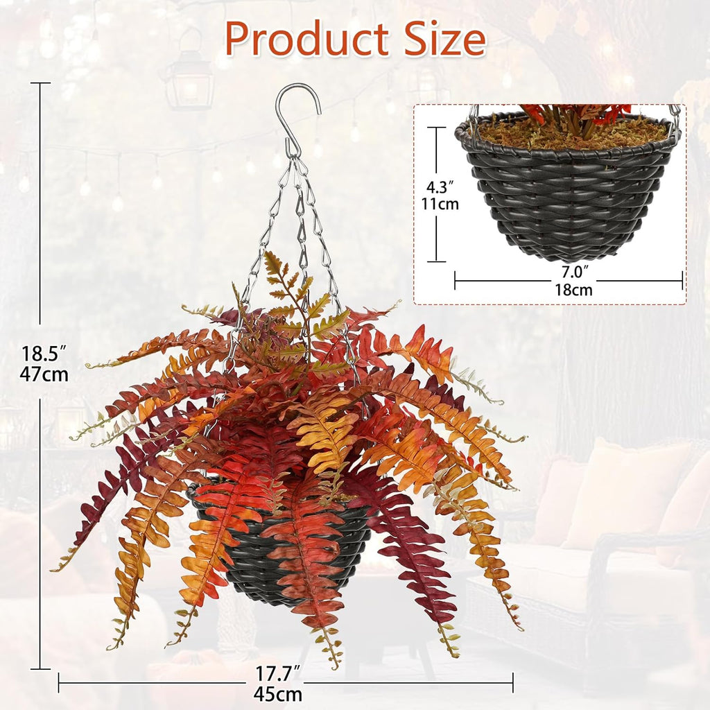 Hollyone Fall Hanging Baskets Small Artificial Fern Orange 21 Leaves Fall Hanging Decor Plant Boston Ferns Silk Plants with Black Rattan Baskets Outdoors Indoor Fake Fern Autumn Decorations for Home