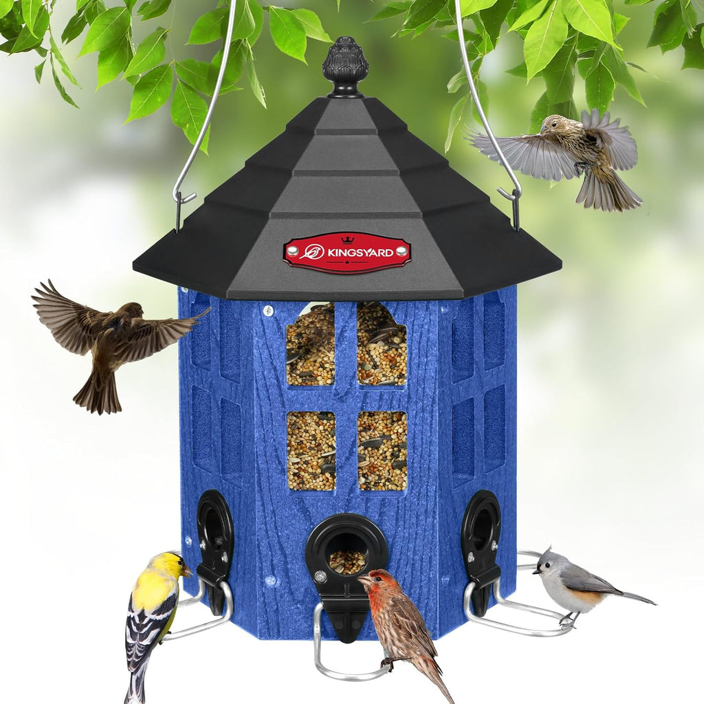Kingsyard Wild Bird Feeder for Outdoor Hanging, Recycled Plastic Bird Feeders with 6 Ports & U-Shape Perch, Garden Yard Outside Decoration, 3.5 lbs Seed Capacity, Blue