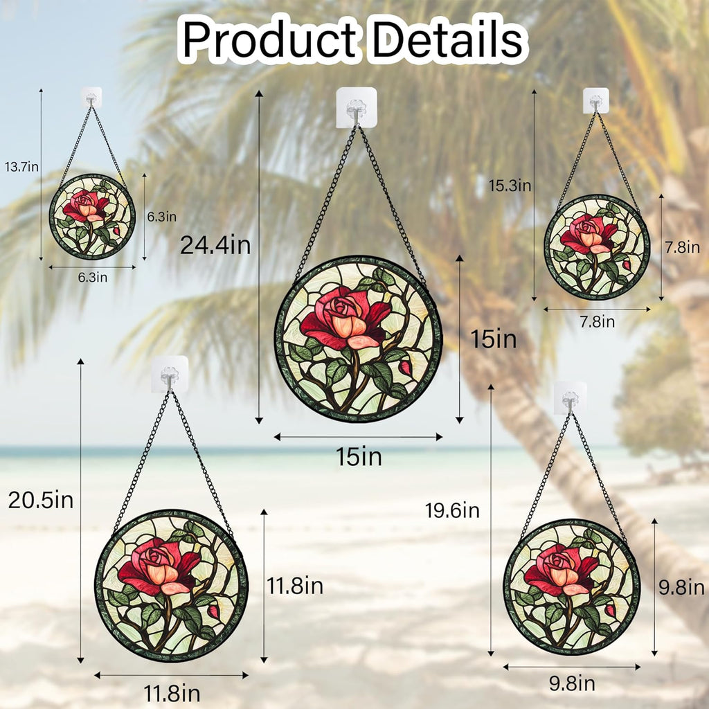 Stained Glass Window Hanging, Red Rose Flowers Sun Catcher for Door Garden Home Decor Suncatcher Christmas Mother's Day Birthday Gifts for Women Lovers Men Wife Girlfriend Mom Nana 9.8 in
