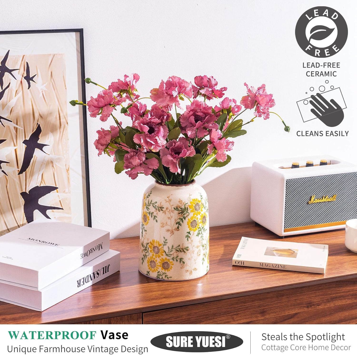 Sunflower Green and Beige Vase, Yellow Ceramic Vintage Vase Cottage Core Home Decor, Cute Floral Centerpiece Vases for Living Room, Bedroom, Kitchen, Table Grand Millennial Decors, Tuscan Decor 7.8In