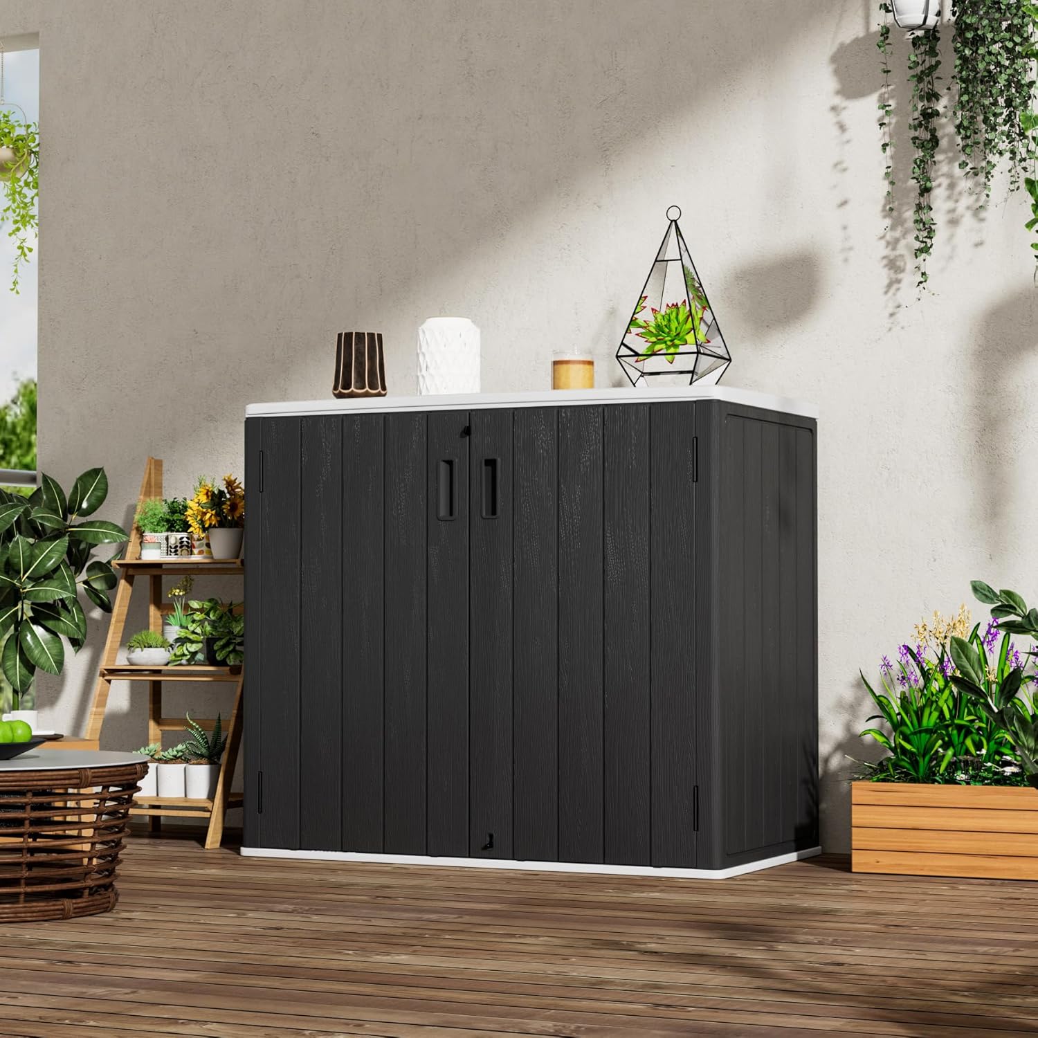 Large Outdoor Storage Box,Resin Sheds&Outdoor Storage Waterproof/Lockable,Outdoor Storage Cabinets for Balcony,Garage,Backyard (37Cu.ft-Black White)