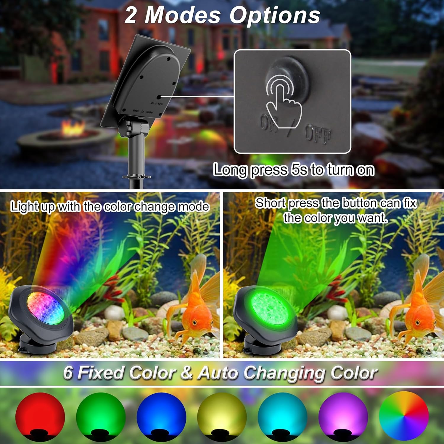 Solar Pond Lights, 18 LED Super Bright RGB LED Underwater Spotlights Color Changing Submersible Pond Light IP68 Waterproof Fountain Lights for Fish Aquarium Tank Garden Yard Pool (3-in-1)
