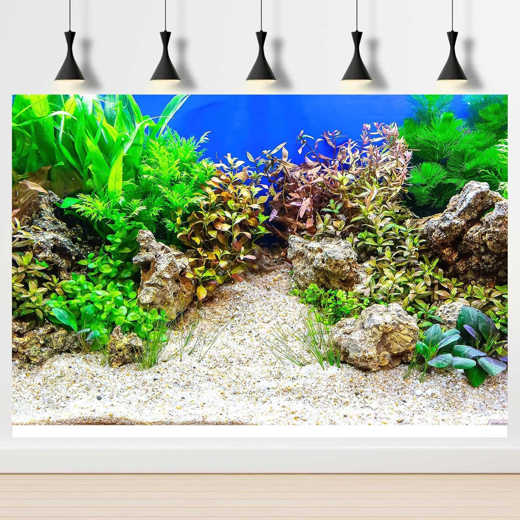 Aquarium Background Underwater Grass Leaves with Pebble Aquarium Backdrop Vivid and Fresh Green Aquatic Plant Stone River Bed and Lake Fish Tank Background Decor Vinyl 36x18in