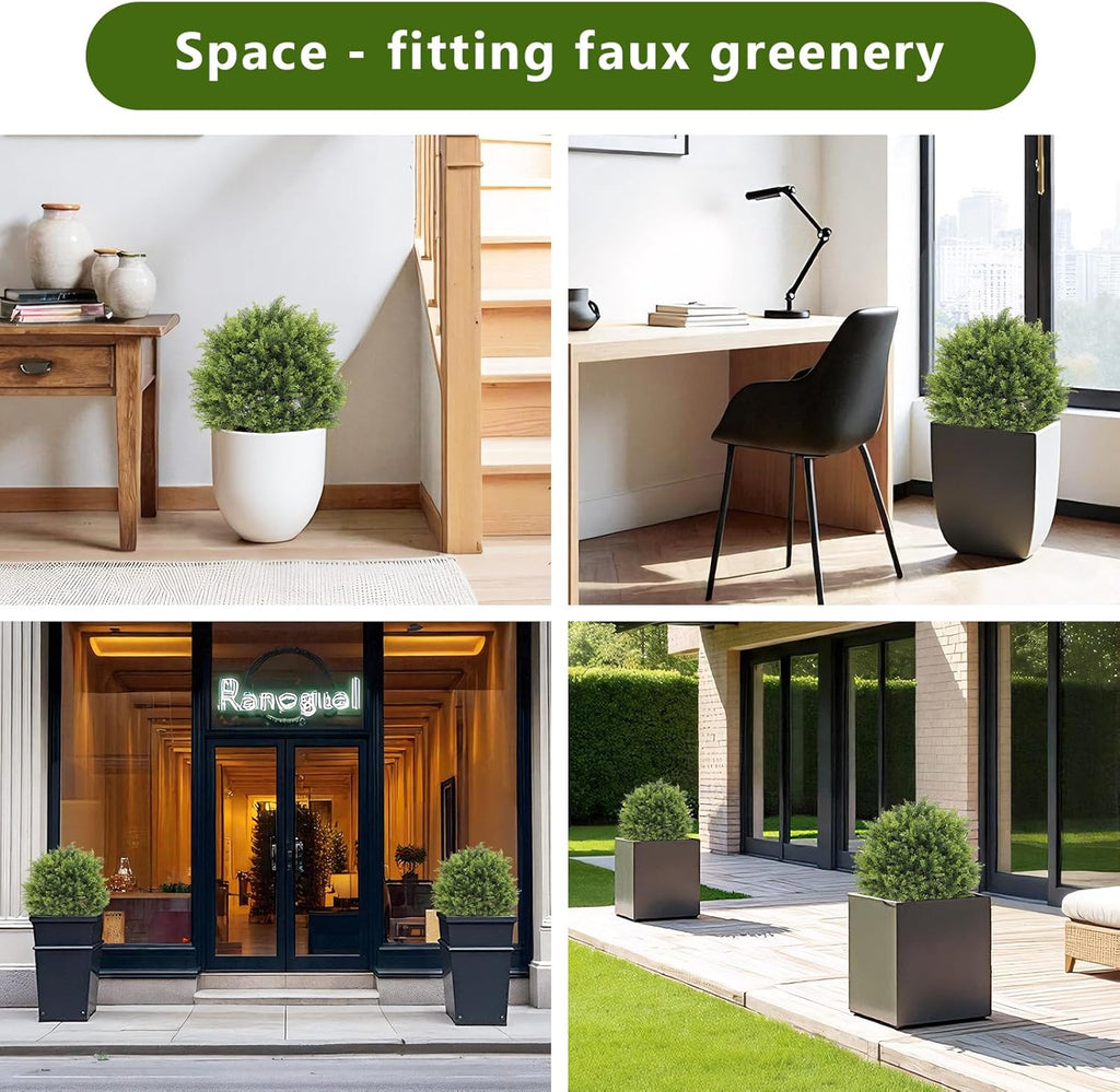 THE BLOOM TIMES 2ft Artificial Topiary Ball Trees Outdoor Set of 2, 24" Tall Faux Cedar Plants Outside UV Resistant Greenery Fake Evergreen Potted Bushes and Shrubs for Front Porch Patio Planter Decor