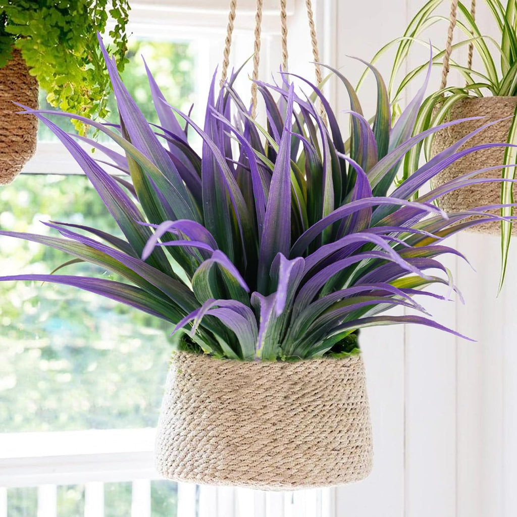 16Pcs Artificial Grass Fake Plants 17.3in Outdoor Plants UV Resistant Faux Greenery Stems Fake Grass for Home Window Garden Office Patio Pathway Front Porch Halloween Décor Green & Purple