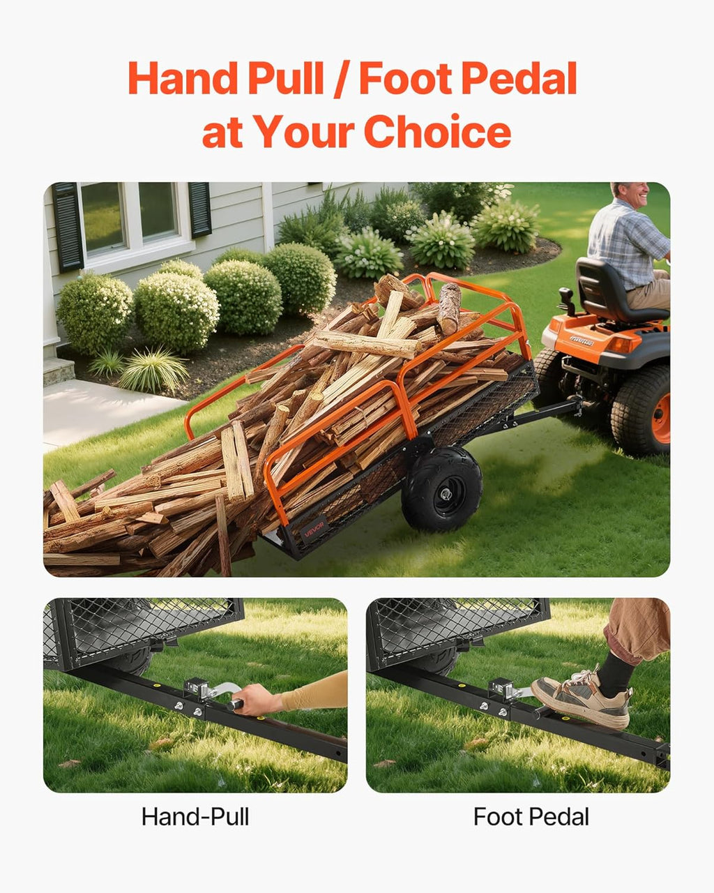 VEVOR 22 Cu.Ft 1600Lbs Steel ATV UTV Trailer Tow Behind Dump Cart, Heavy Duty Pull Behind Utility Dump Trailer for Lawn Mower Trailer Tractor Garden Yard with Removable Rear Panel