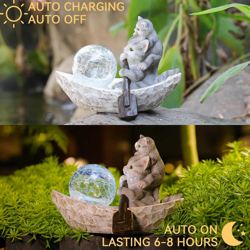 Garden Statue of Cat,Garden Decor Cat Figurine,Cats Outdoor Statue,Solar Decor for Patio,Balcony,Yard,Lawn Ornament