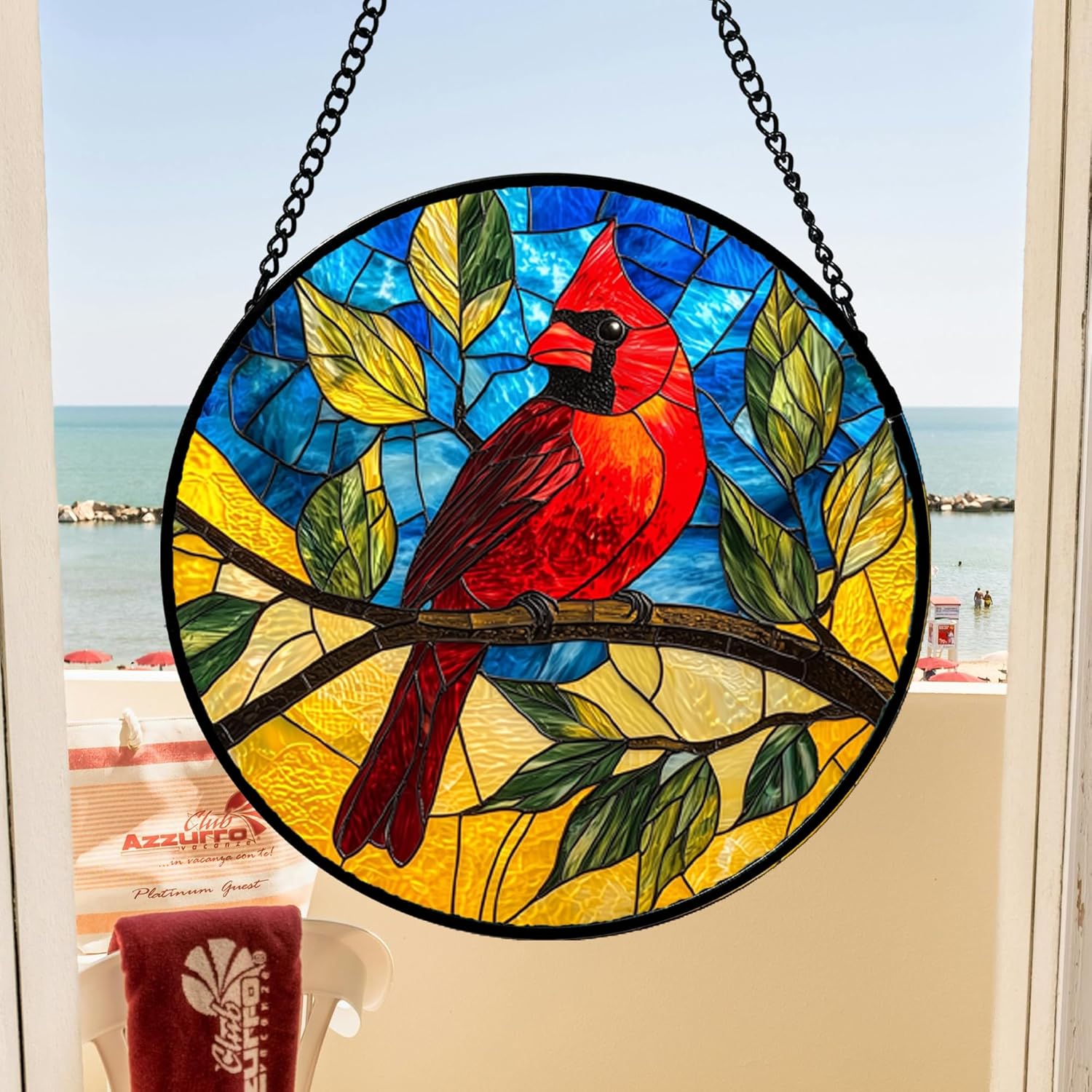 Stained Glass Window Hanging, Blue Sky Cardinal Sun Catchers Colorful Glass Panel Red Birds Suncatcher Decor for Birthday for Women, Men, Wife, Aunt, and Mom 14.9x14.9 in