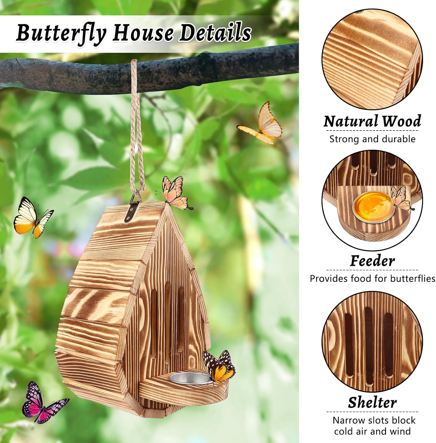 Wooden Butterfly House and Feeder, Hanging Butterfly House for Garden, Natural Butterfly Habitat with Butterfly Puddler for Outside Butterflies, Moths - Backdoor, Easy to Clean