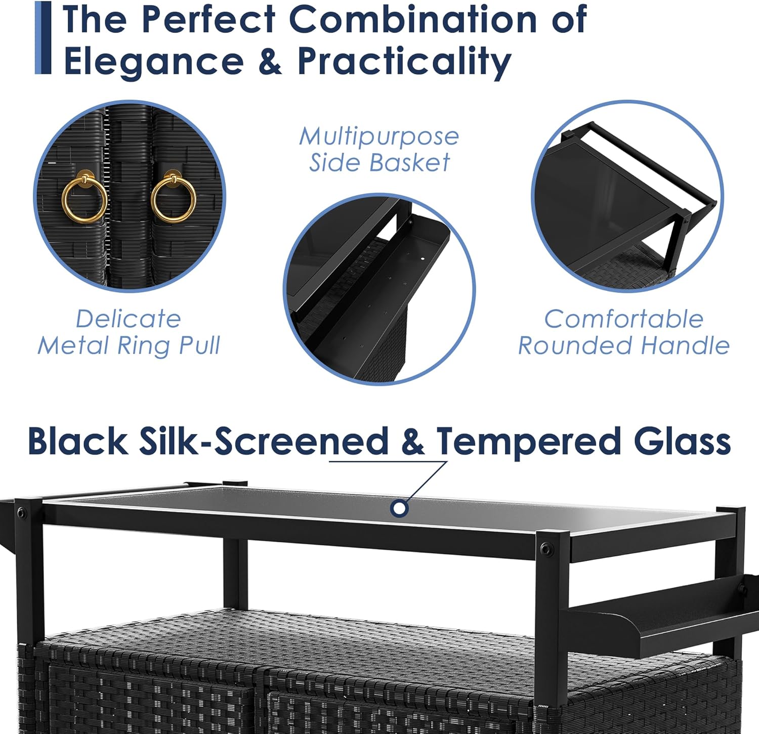 Xilingol Outdoor Bar Table, Wicker Bar Cart with Cabinet, Patio Serving Cart with Tempered Glass Top, Lockable Wheels, Rounded Handle & Side Basket for Garden, Poolside & Backyard, Black