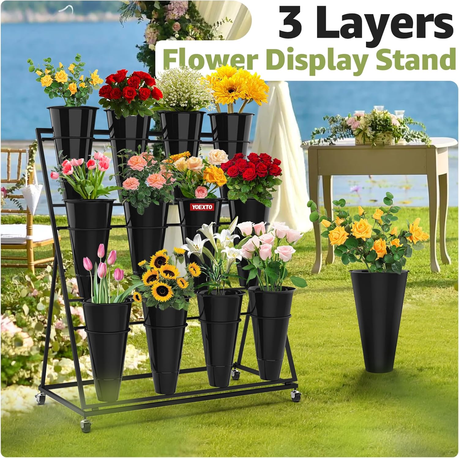 Flower Display Stand 3 Layers with 12 PCS Round Buckets, Plant Stand with Wheels, Movable Metal Plant Stand for Terrace Garden, Florist Shop