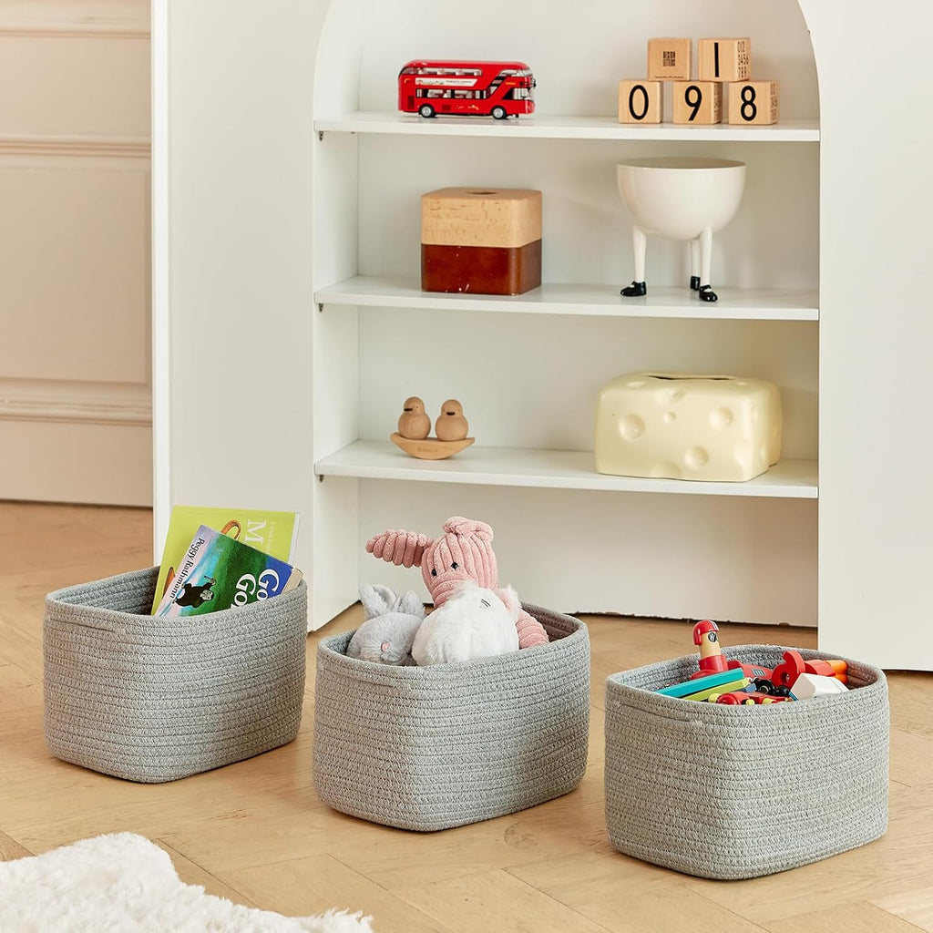 Small Cotton Rope Basket – Storage Bin for Organizing (10.6" x 6.7" x 6.7"), Bathroom Storage Basket for Shelf, Counter & Closet（Grey）