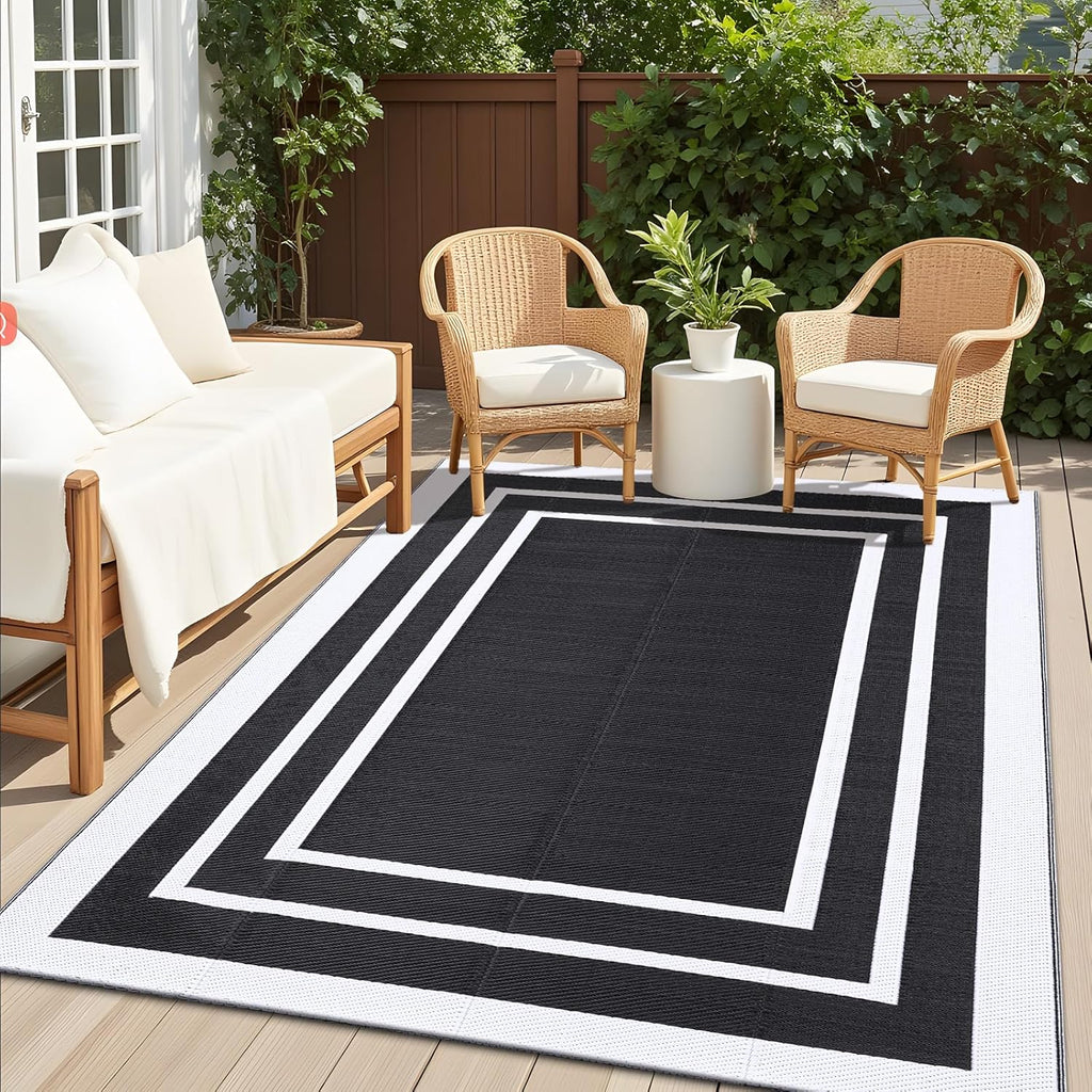 OLANLY Outdoor Rug 5x8 ft Waterproof, Reversible Outdoor Plastic Straw Rug, RV Mat, Indoor Outdoor Carpet Clearance for Patio, Camping, Balcony, Deck, Backyard, Black & White