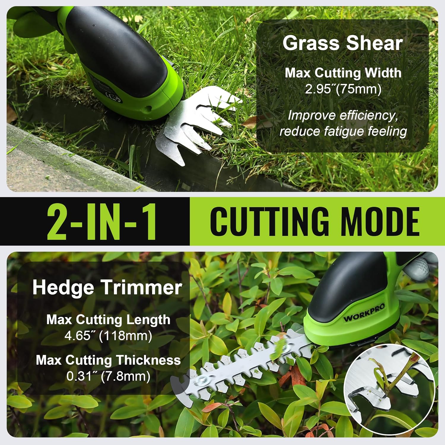WORKPRO Cordless Grass Shear & Shrubbery Trimmer - 2 in 1 Handheld Hedge Trimmer Electric Grass Trimmer Hedge Shears/Grass Cutter Rechargeable Lithium-Ion Battery and Type-C Cable Included (Green)