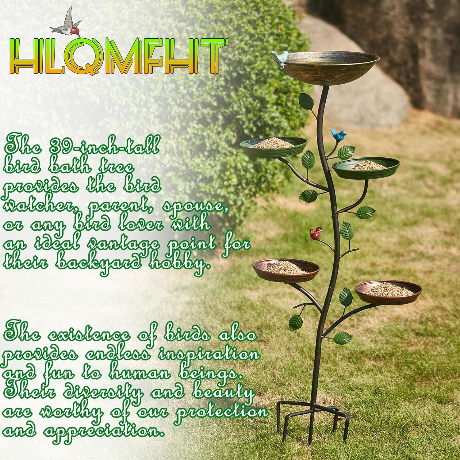 44.5" H Bird Baths for Outdoors with Metal Stakes, Standing Bird Baths with 4 Metal Bird Feeder Trays, for Garden Yard Decor