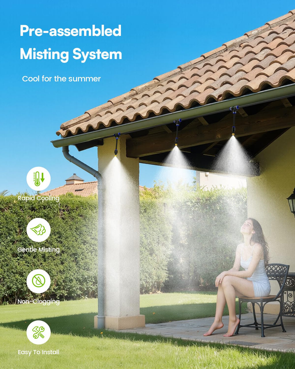 RAINPOINT Misters for Outside Patio - Upgraded 75FT(23M) Misting System Kit with Water Filter for Cooling Outdoor, 75FT Misting Line + 22 Mist Nozzles for Backyard Garden Porch Deck Greenhouse