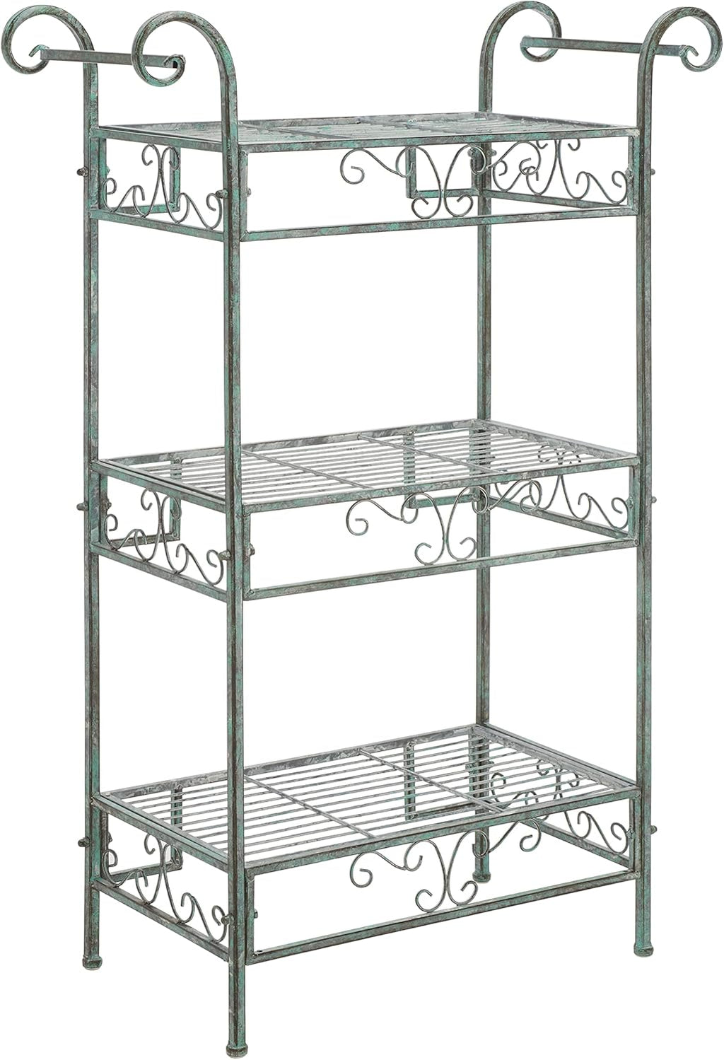 SAFAVIEH Outdoor Collection Noreen Victorian Scroll Antique Dark Green Wrought Iron 3-Tier Shelf