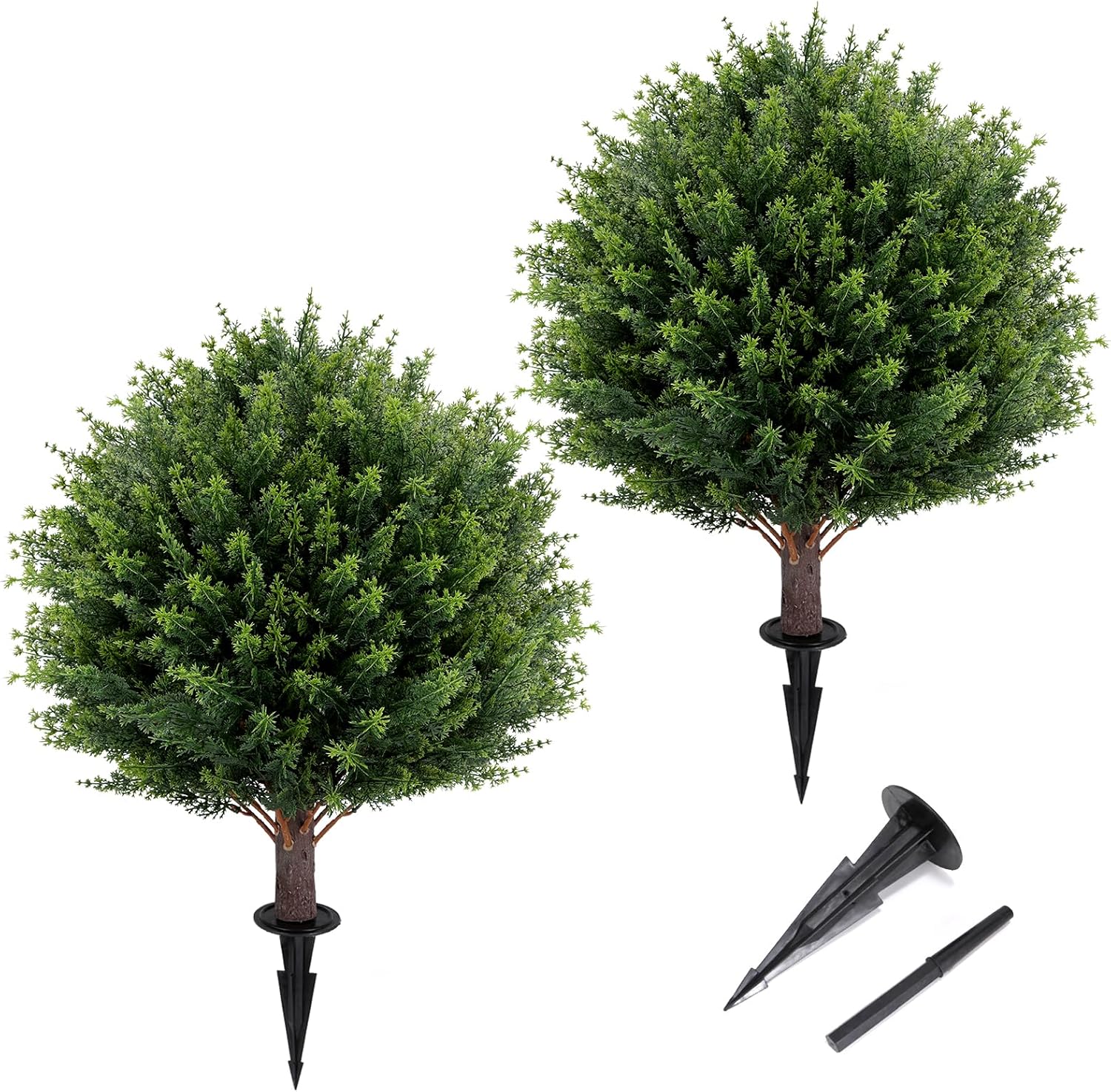Artificial Cedar Topiary Ball Tree 23" with Ground Spike, Set of 2 Artificial Boxwood Bushes for Faux Shrubs, Fake Evergreen Faux Plant for Indoor Outdoor Porch Garden- UV Resistant – Fade-Proof