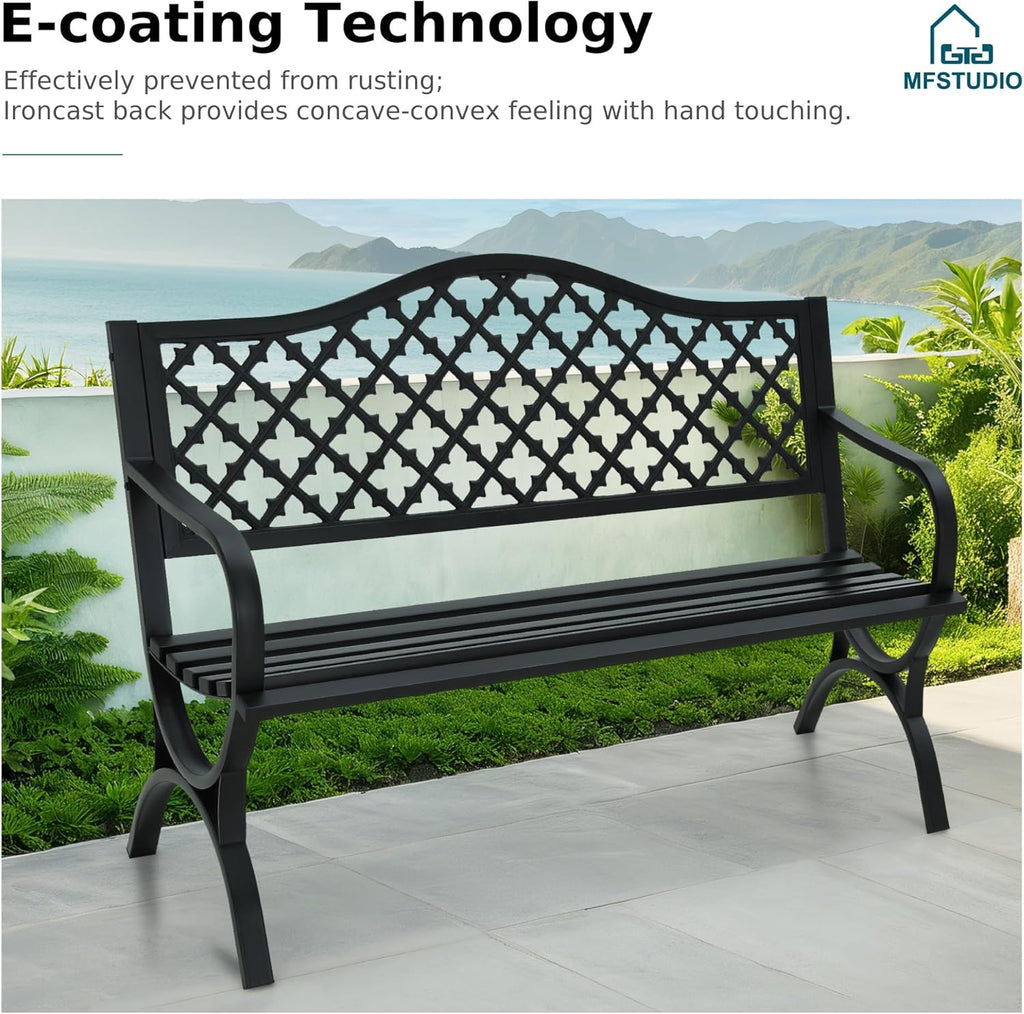 MFSTUDIO 50" Black Outdoor Metal Garden Bench with Arch Legs, Cast Iron Frame Patio Furniture with E-Coating, Perfect for Porch and Yard