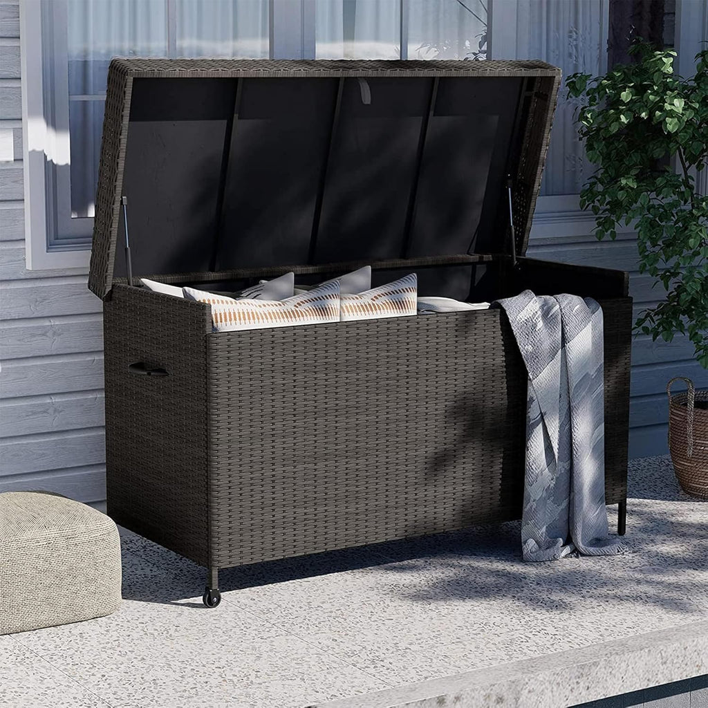Grand patio 170 Gallon Storage Box, Dark Brown PE Wicker, Minimalist Style, Water Resistant, Flip Top, Smooth Wheels, for Patio Furniture Cushions, Garden Tools, Pool Accessories