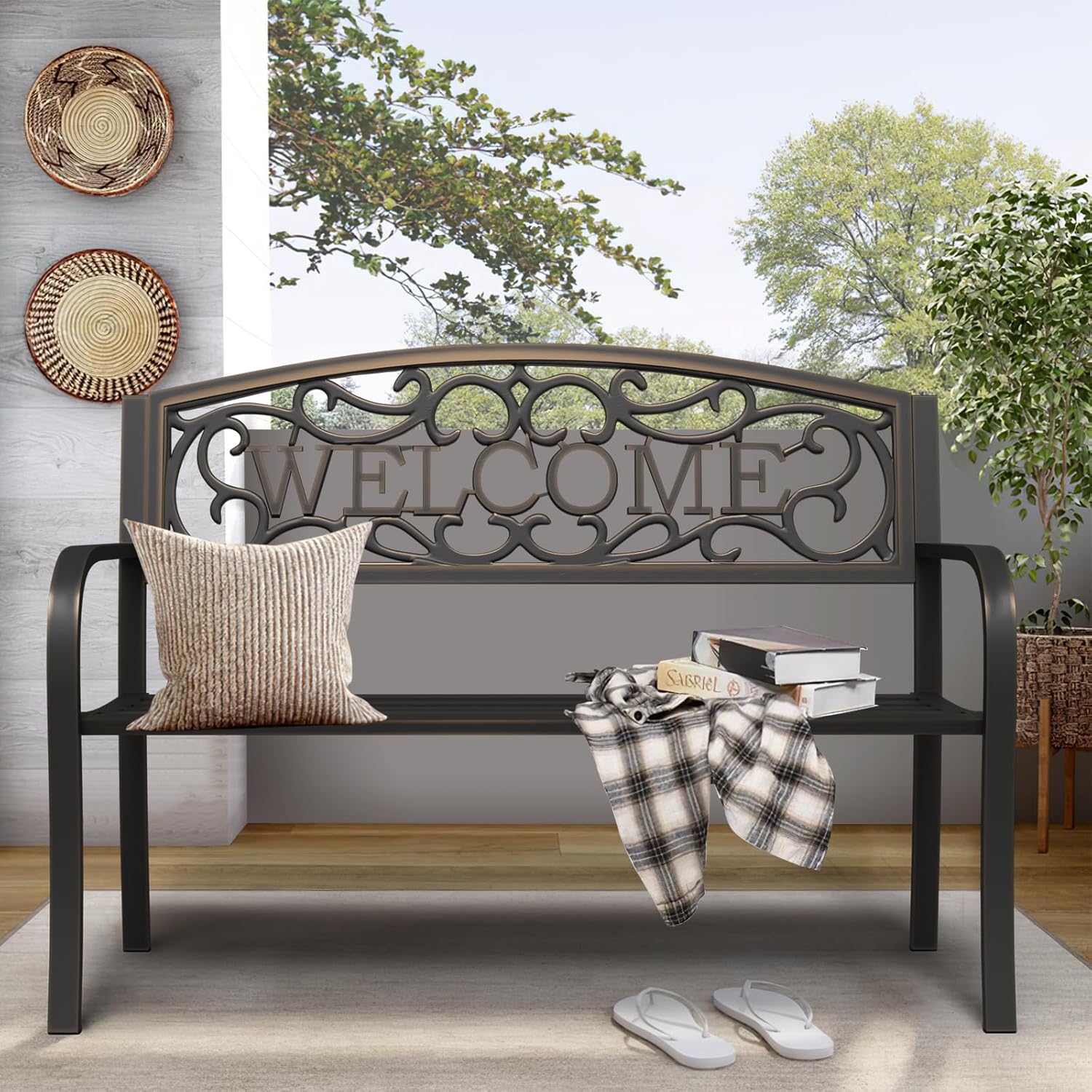 On Shine 50'' Patio Garden Bench, Loveseats Patio Park Bench,Black Steel Cast Iron Frame Bench,Metal Bench Outdoor for Porch Yard Lawn Deck (Bronze-Welcome)