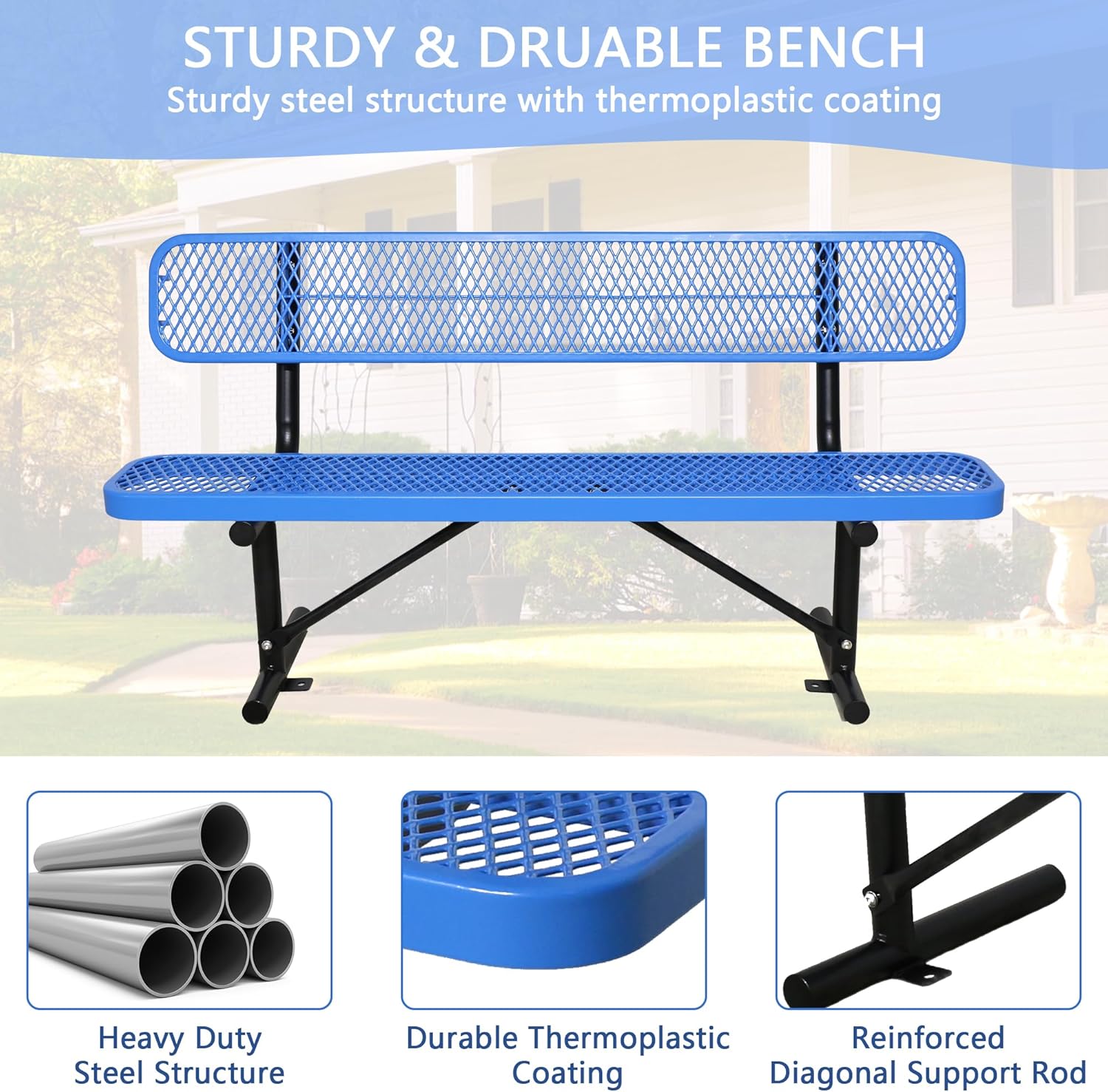 6 FT Steel Park Bench for Outside, Outdoor Bench with Backrest & Portable Frame, Commercial Benches for Shopping Mall, Store, Park, Patio, Deck, Blue