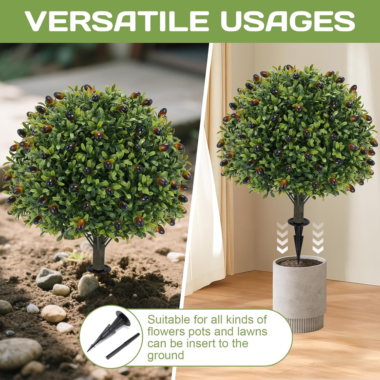 Artificial olive Topiary Ball Tree 24" with Ground Spike, Set of 2 Artificial Boxwood Bushes for Faux Shrubs, Fake Evergreen Faux Plant for Indoor Outdoor Porch Garden -UV Resistant–Fade-Proof