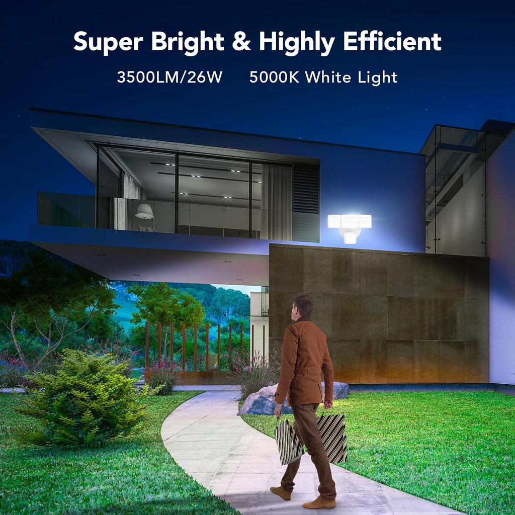 OREiN 3500LM/26W Flood Lights Outdoor, 240°/40FT Motion Sensor Outdoor Lights Dusk to Dawn Security Lights IP65 Waterproof 3 Modes for Outside 3500SQ.FT Front Door, Garage, White (Hardwired)