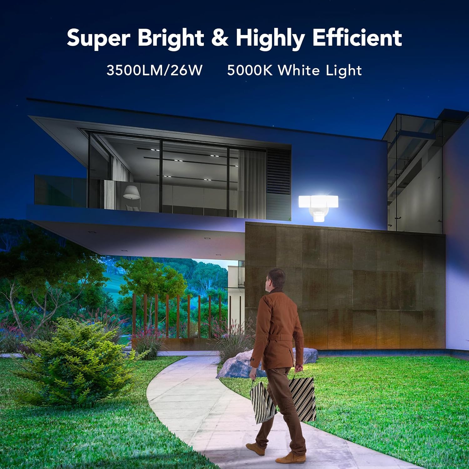 OREiN 3500LM/26W Flood Lights Outdoor, 240°/40FT Motion Sensor Outdoor Lights Dusk to Dawn Security Lights IP65 Waterproof 3 Modes for Outside 3500SQ.FT Front Door, Garage, White (Hardwired)