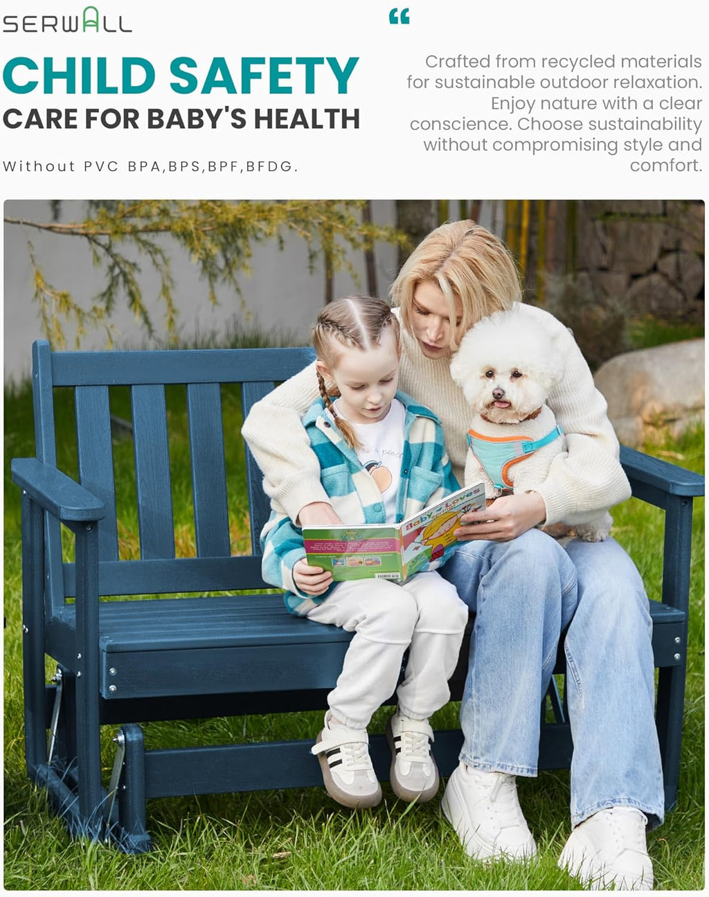 SERWALL Outdoor Glider Bench Set of 2, HDPE Weather-Resistant Swinging Bench for Backyard Garden Porch, Navy Blue