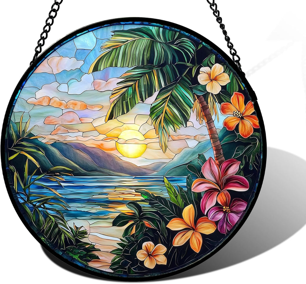 Stained Glass Window Hanging, Colorful Landscape Suncatcher for Doors Home Sun Catchers Decoration and Christmas, Mother's Day Birthday Gifts for Women, Men, and Mom 9.8 in