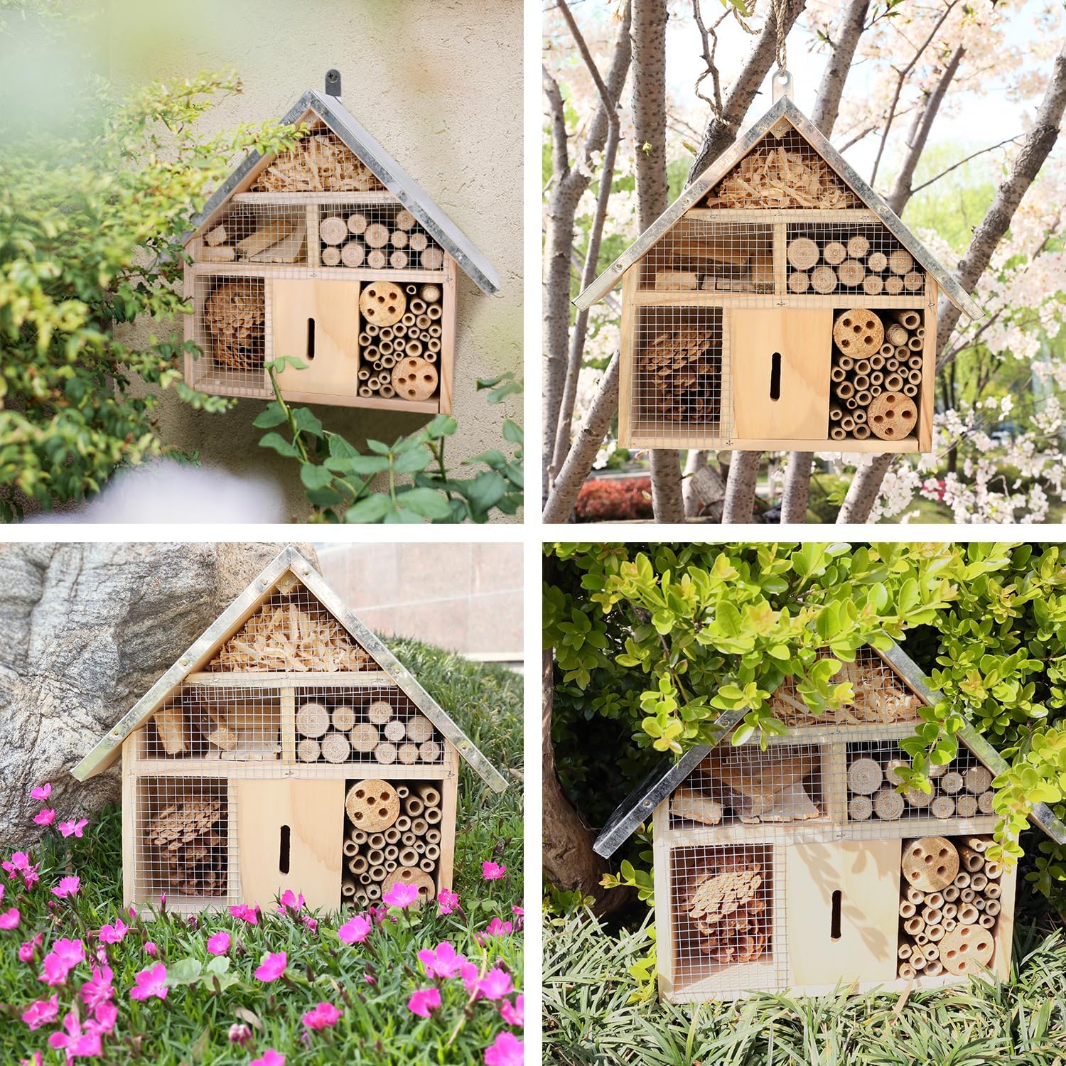antiai Wooden Mason Insect Bee Butterfly House,Insect Hotel,an Outdoor Hanging Bamboo Habitat for Ladybugs Live,Bee Box,Butterfly Habitat for Garden,12.4 x 12 x 3.9 Inch