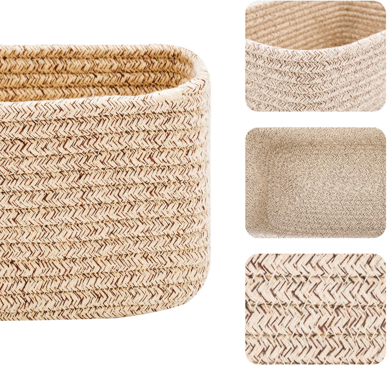 Small Storage Baskets for Organizing | Closet Organizer Bins | Shelf Toy Basket | Woven Rope Baskets | Cube Decorative Box | Shallow Basket | 11.5x7.5x4.7” | 3 Packs Mixed Brown