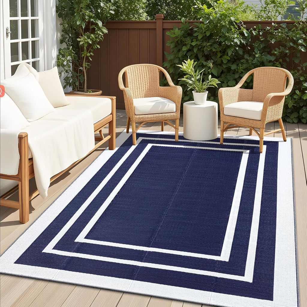 OLANLY Outdoor Rug 5x8 ft Waterproof, Reversible Outdoor Plastic Straw Rug, RV Mat, Indoor Outdoor Carpet Clearance for Patio, Camping, Balcony, Deck, Backyard, Navy & White