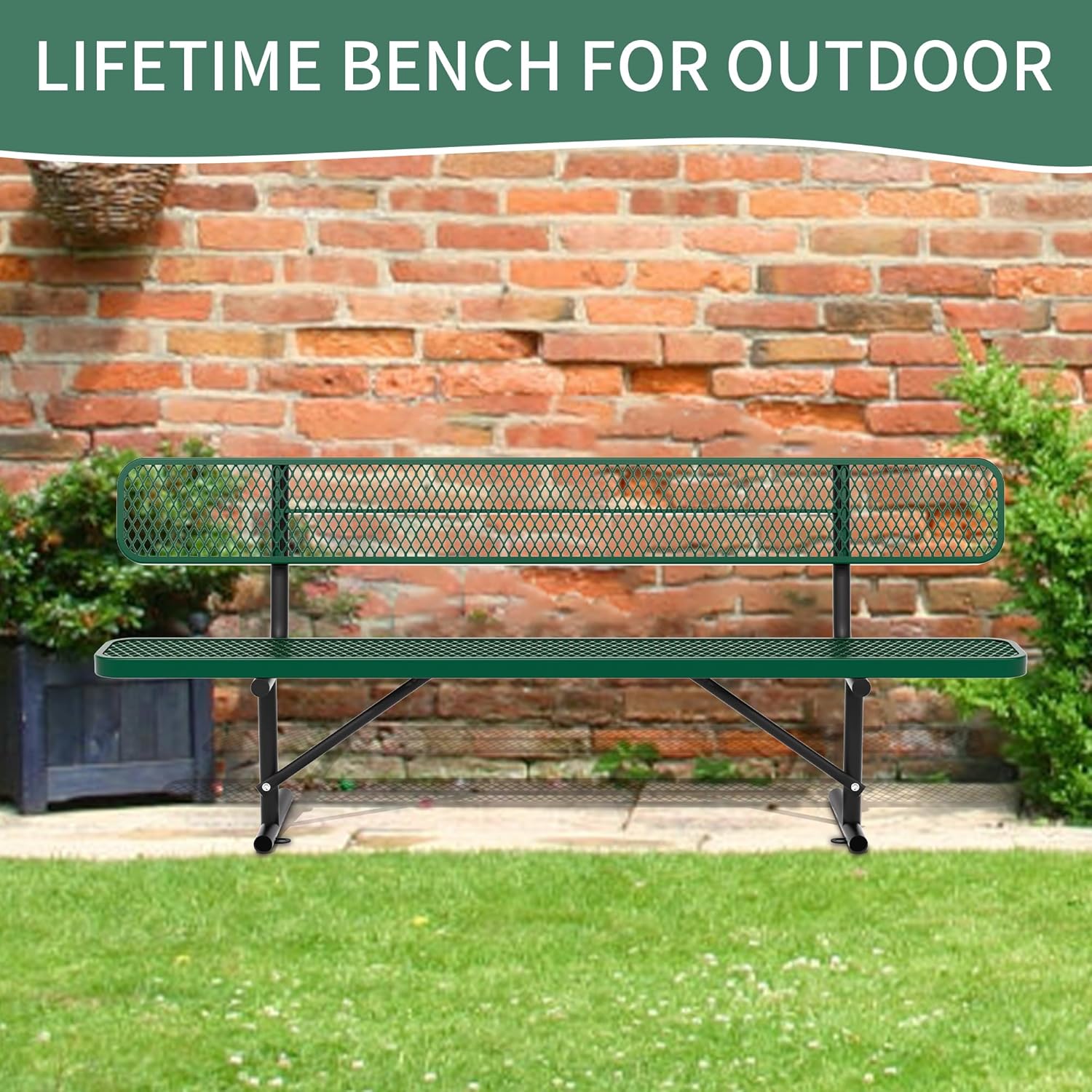 8 Feet Heavy Duty Metal Park Bench for Outside, Outdoor Bench with Backrest & Portable Frame, Commercial Benches for Shopping Malls, Stores, Parks, Patios, Decks, Green