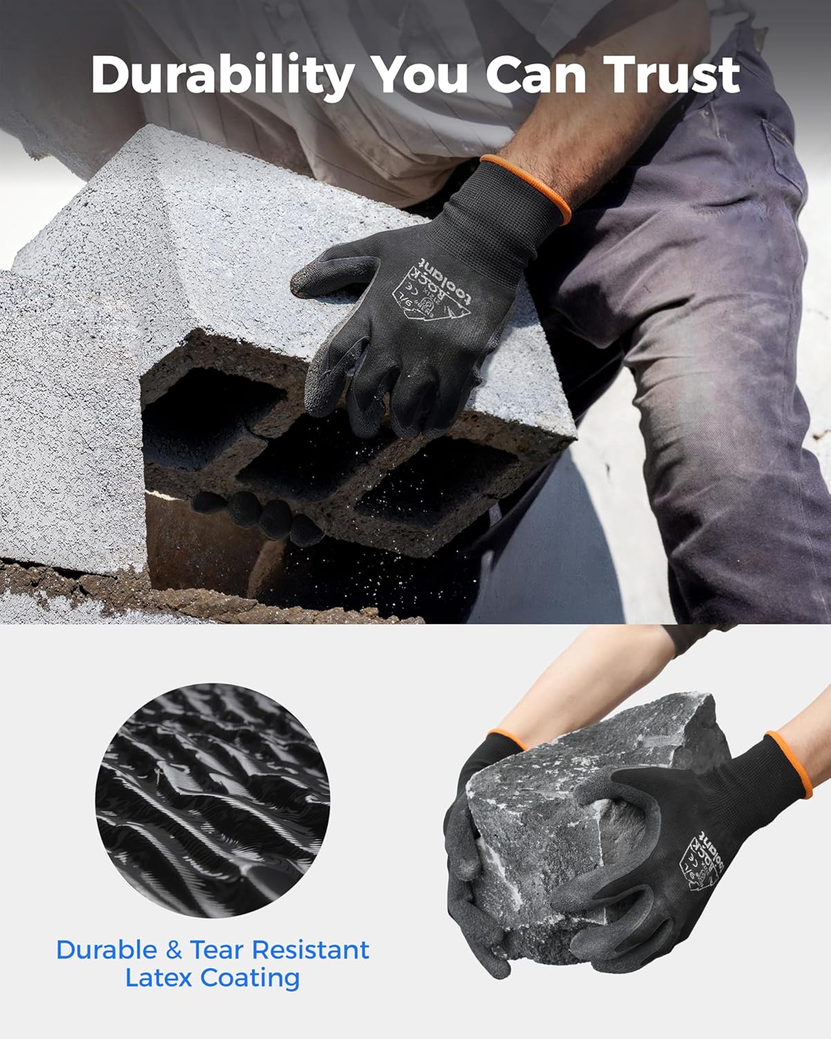 toolant Crinkle Latex Work Gloves Bulk, Rubber Coated Safety Work Gloves for Men and Women, 12 Pairs for Construction, Gardening, Warehouse (Black, Large)