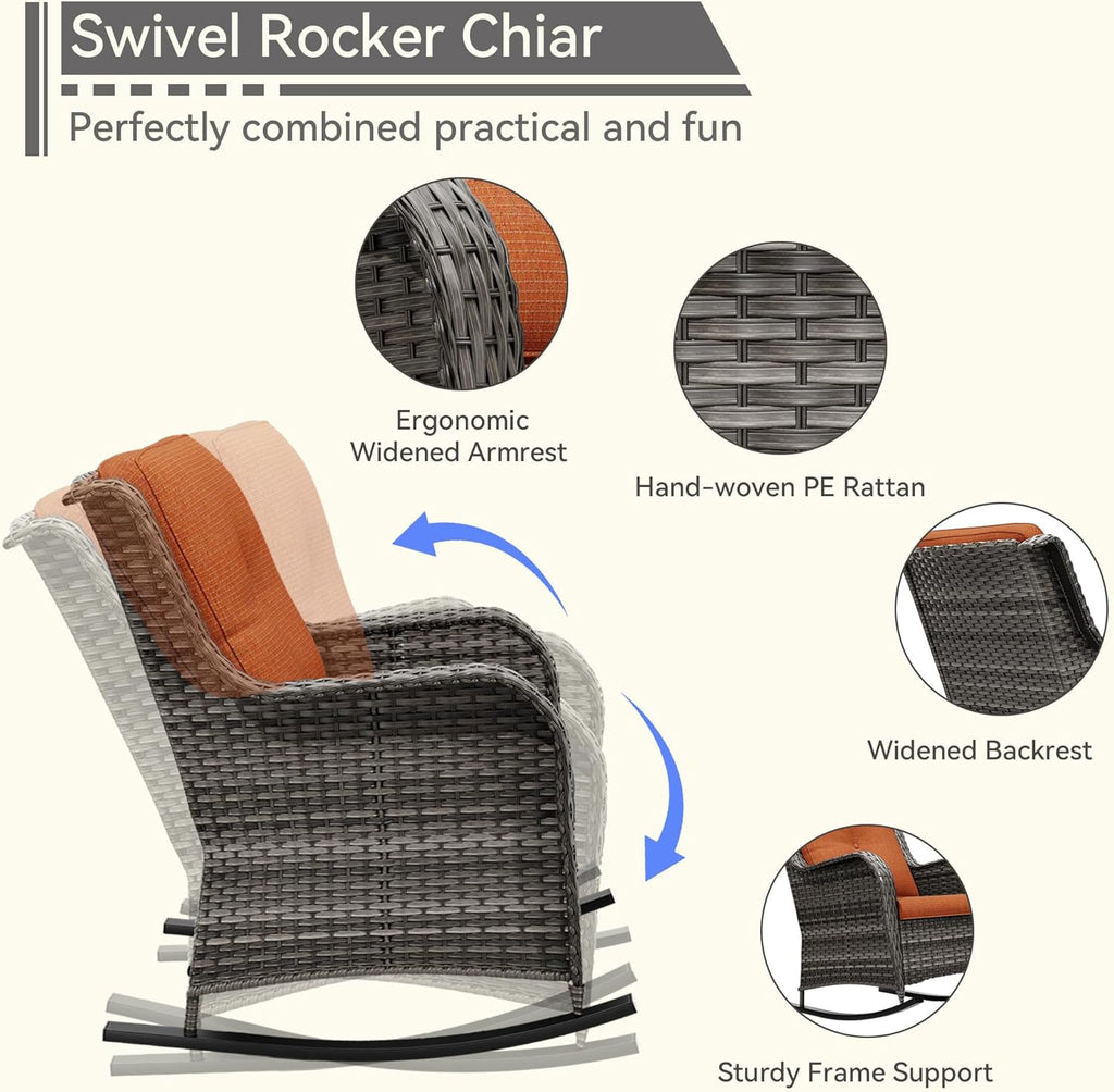 1 PC Outdoor Rocking Chair, Wicker Patio Rocker Chair for Yard, Porch, Mixed Brown Grey Rattan, Orange Cushions