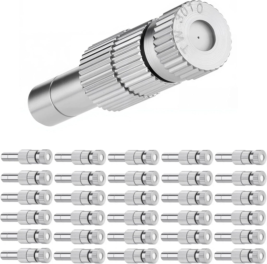 Mornajina 30 Pcs Brass Misting Nozzles Mister Replacement Nozzles with Filter Mesh Fit 1/4" Water Misting Nozzle Tees, 0.012"/0.3mm Orifice Misting System Heads Sprayer for Outdoor Cooling System