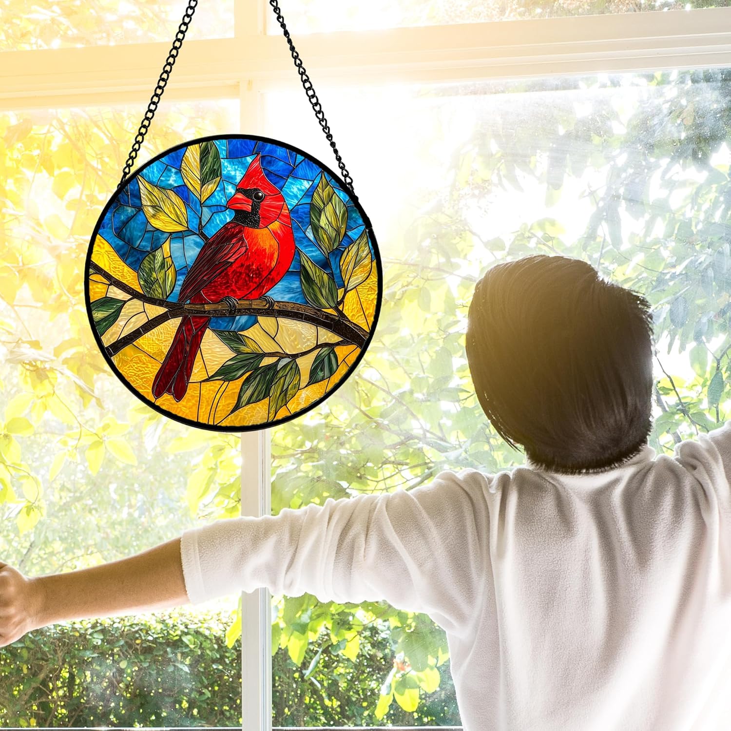 Stained Glass Window Hanging, Blue Sky Cardinal Sun Catchers Colorful Glass Panel Red Birds Suncatcher Decor for Birthday for Women, Men, Wife, Aunt, and Mom 11.8x11.8 in
