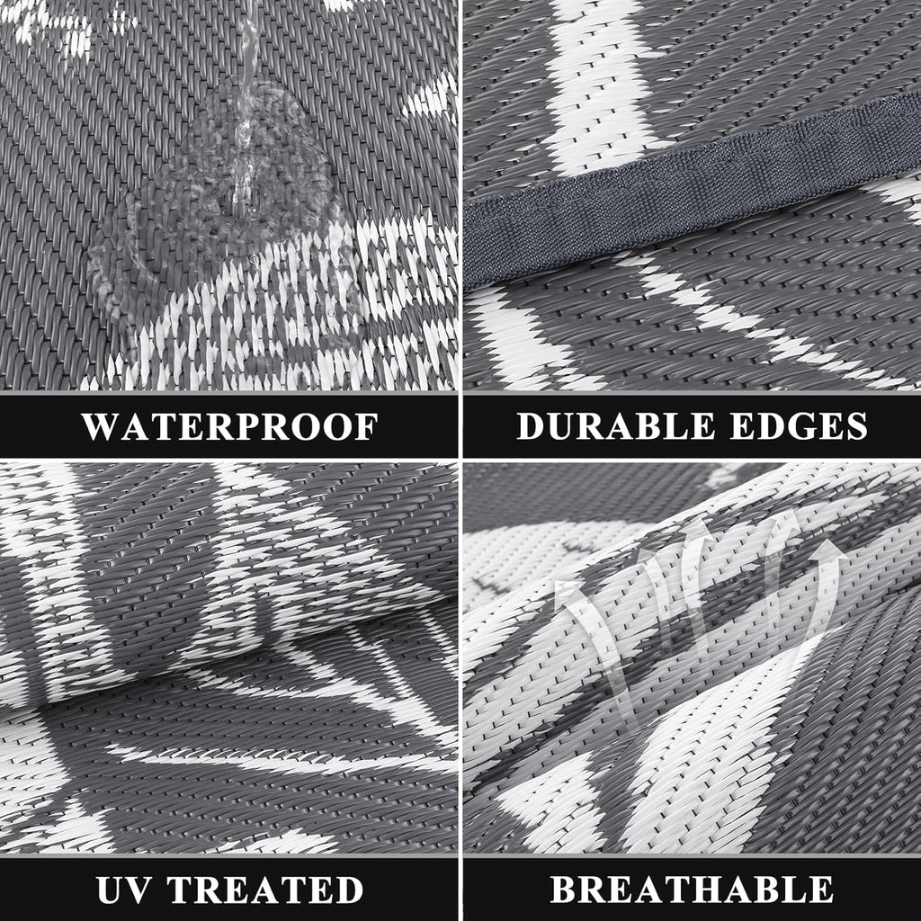 Pauwer Waterproof Outdoor Rug 6x9, Reversible Plastic Straw Patio Camping Rug, Indoor Outdoor RV Mat Carpet for Deck, Camper, Porch, Balcony, Backyard, Picnic, Floral Grey